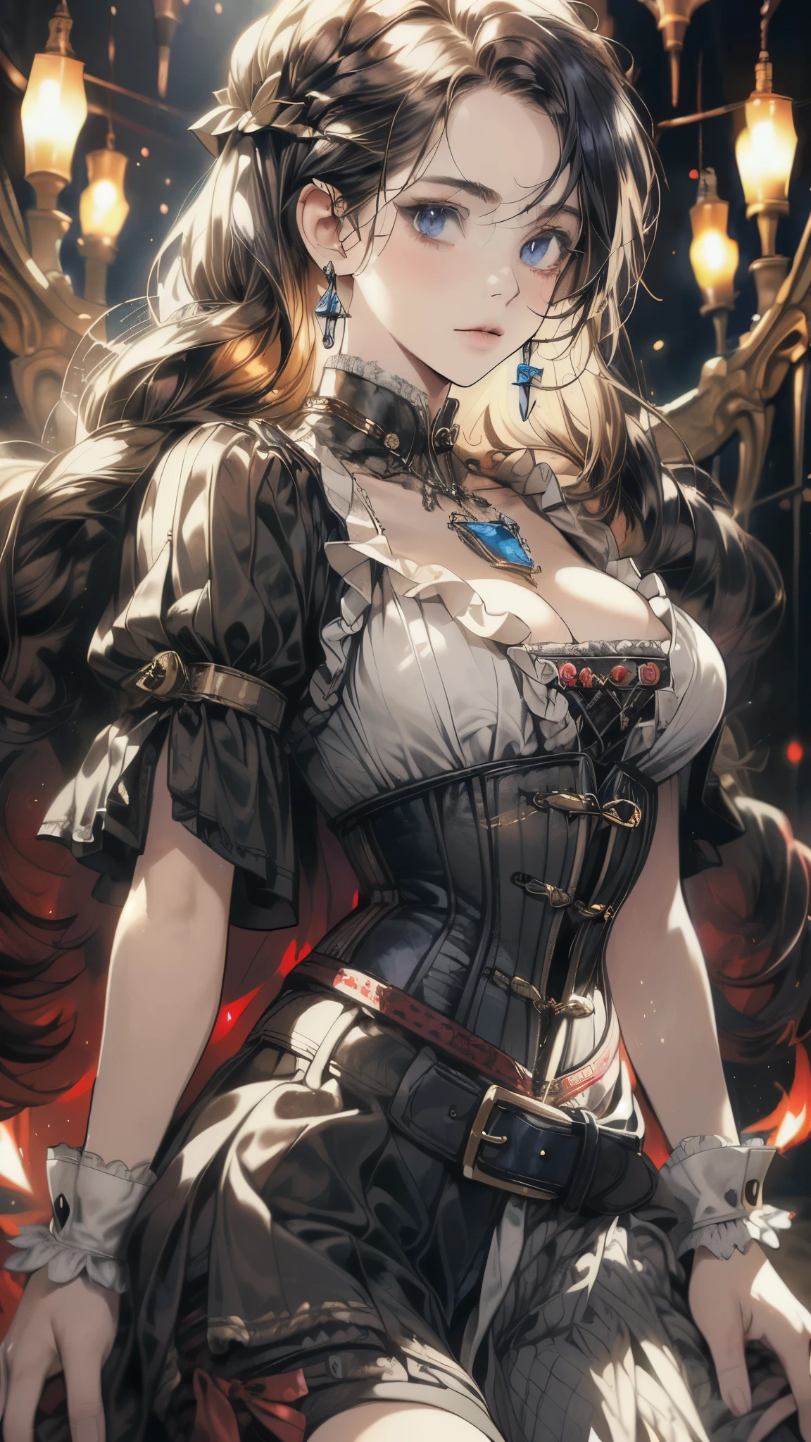 (masterpiece)))、((highest quality))、(Super detailed)、(CG illustration)、(so beautiful ))、cinematic light、(((1 Mechanical Girl)))、 SF、Apocalypse、erotic grotesque、(beautiful and luxurious:1.2)、(1 girl:1.3)、facing the front, (double breasted,under bust:1.2), gap between buttons,(((corset belt))),(((high waist mini skirt,)))