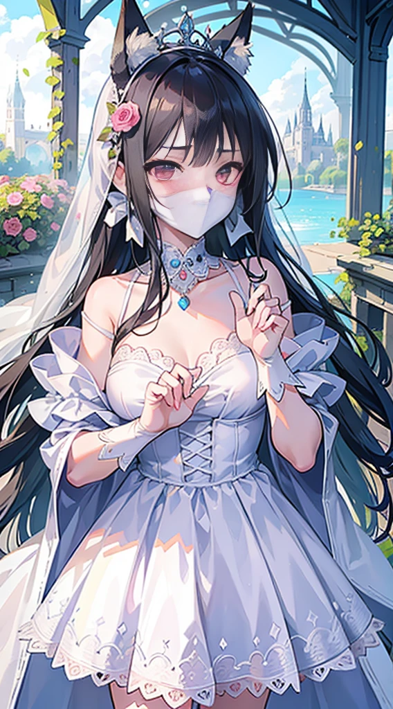 high quality, masterpiece, super detailed, 1 girl, extremely detailed faces,white lace bikini，white cloak，princess crown，Calm expression,White cloth gag，handcuffs，Collar，long black hair, charming pink eyes, fox ears,  castle，garden，waterside，