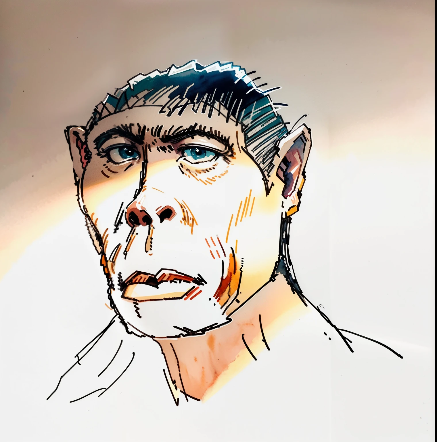 a simian man, portrait, illustration art,Lines and watercolor,Chimpanzees,primitive,Prehistoric humans,Illustrate lines,