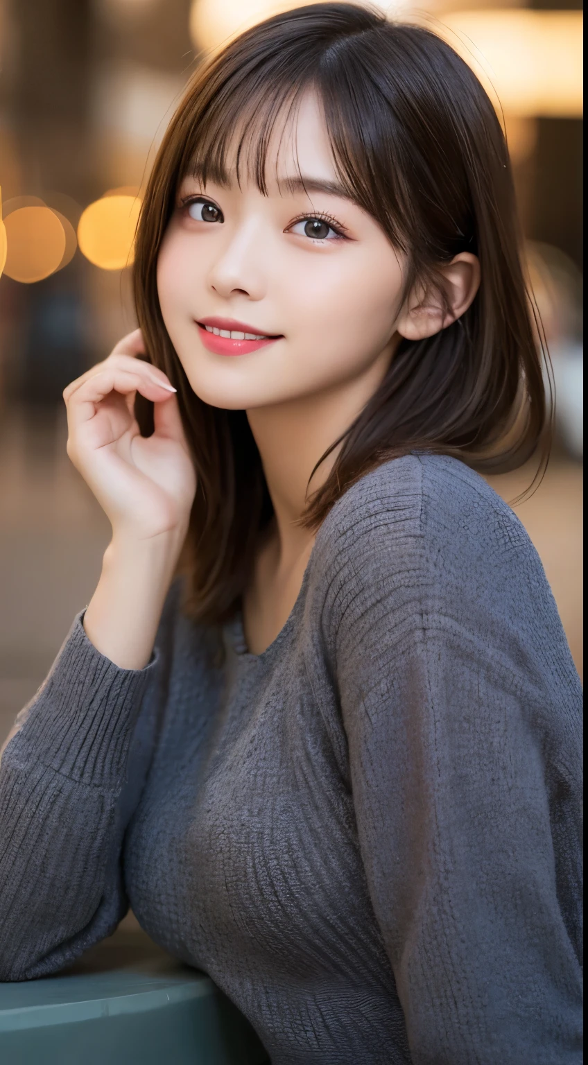 table top, highest quality, shape, Super detailed, finely, High resolution, 8k wallpaper, 完璧なダイナミックな構shape, finelyて美しい目, winter dress,medium hair, small breasts, natural color lip, random sexy pose,smile,big city、20 year old girl、midnight、beautiful and detailed face、perfect and beautiful face,Big eyes