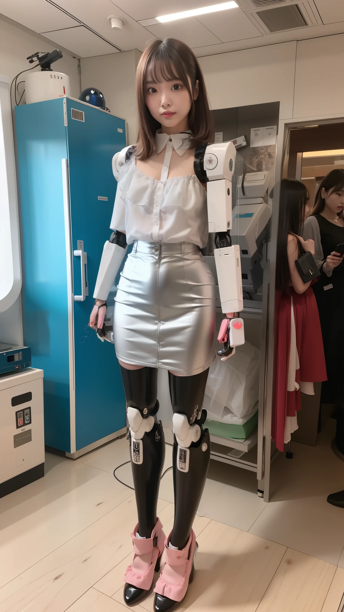 Sleeveless silver satin ruffled blouse, black skirt, robot