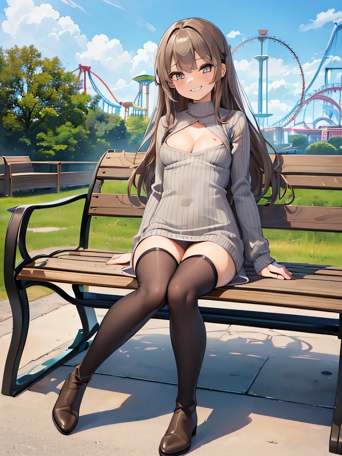 (masterpiece、highest quality、High resolution、realistic pictures、real looking skin:1.1), (She is wearing a tight gray knit minidress with long sleeves。.:1.5), (There is a small gap in the chest of that dress.、I can see the cleavage.:1.5), 1 Japanese woman, beautiful eyes, shining eyes, brown hair, medium long hair, OL, (少し足を開いてベンチに座りパンティーをI々I'Iはそれを人に見せています:1.8), (I々Pants are clearly visible when viewed from the front:1.5), (both hands are on the bench: 1.5), (brown long boots:1.8), (fancy pattern panties: 1.5), (provocative and grinning expression:1.5), (The location is an amusement park bench..:1.5), (full body figure:1.5), NSFW
