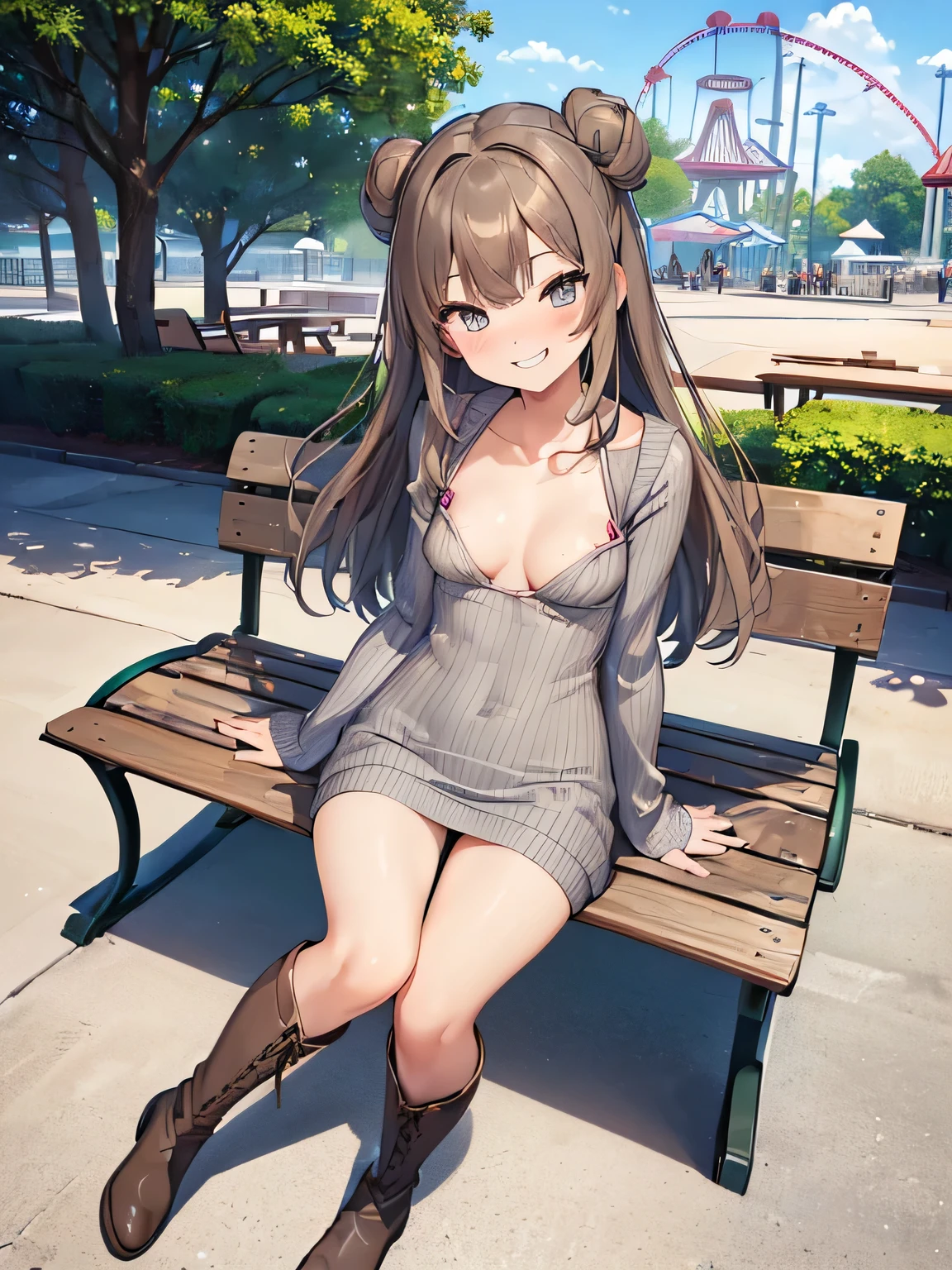 (masterpiece、highest quality、High resolution、realistic pictures、real looking skin:1.1), (She is wearing a tight gray knit minidress with long sleeves。.:1.5), (There is a small gap in the chest of that dress.、I can see the cleavage.:1.5), 1 Japanese woman, beautiful eyes, shining eyes, brown hair, medium long hair, OL, (少し足を開いてベンチに座りパンティーをI々I'Iはそれを人に見せています:1.8), (I々Pants are clearly visible when viewed from the front:1.5), (both hands are on the bench: 1.5), (brown long boots:1.8), (fancy pattern panties: 1.5), (provocative and grinning expression:1.5), (The location is an amusement park bench..:1.5), (full body figure:1.5), NSFW