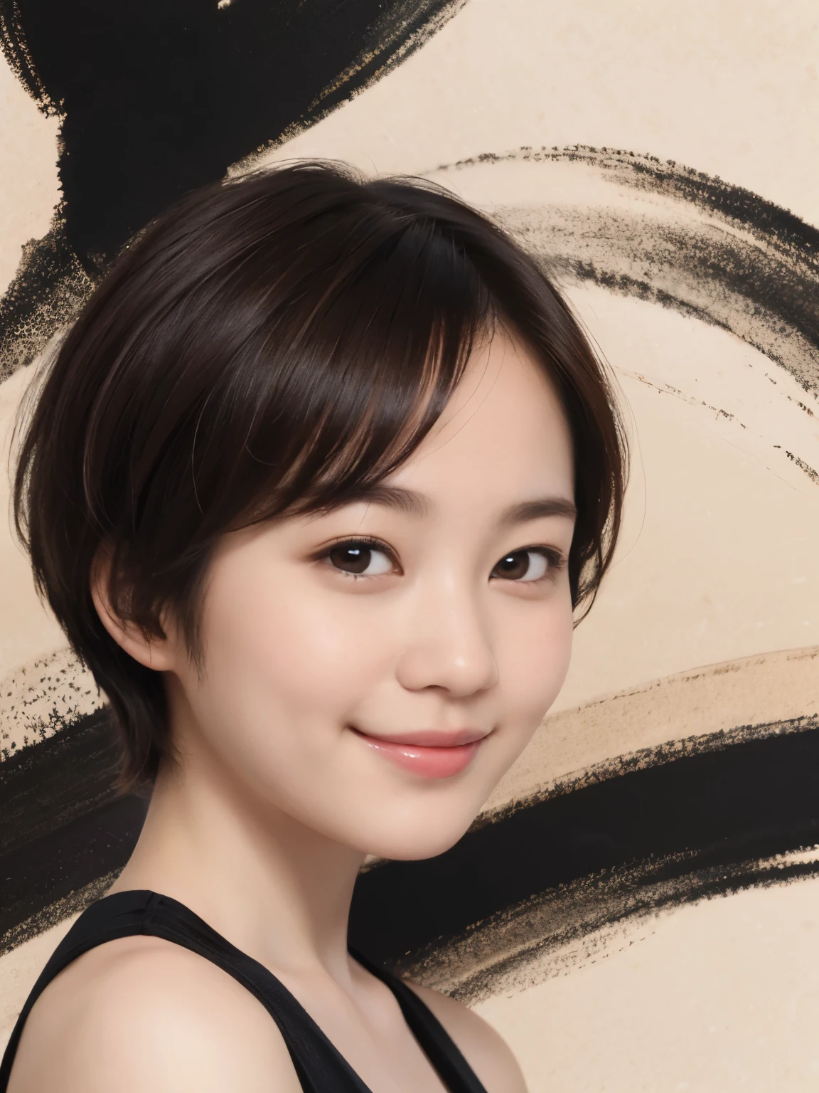 179 Short hair, 20 year old woman, gentle smile, (abstract background:1.46), breast:1.46