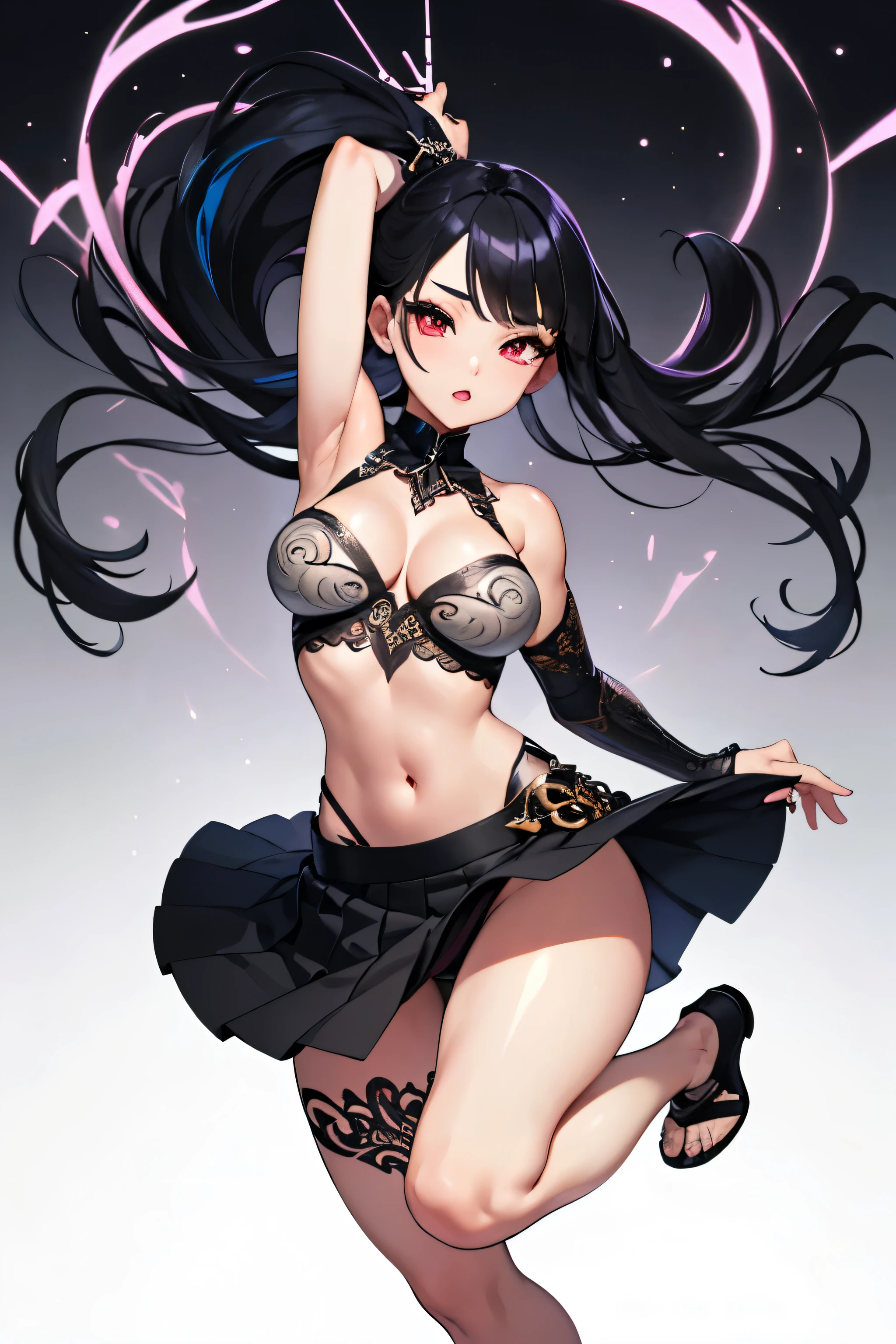 1girl, anime, cute girl, blank background, white background, fantasy, detailed fantasy dress with highlights, beautiful face, beautiful eyes, dark colors, black hair with multicolor streaks, red eye with multicolor eye, medium small breasts (slightly big), slight cleavage, beautiful skin, cute, breast curtains, extremely delicate and beautiful, (beautiful detailed face:1.0), (detailed deep eyes), symmetrical breasts, deep eyes, shiny skin, portrait, slender waist, hips wider than shoulders, thighs, expressionless, young girl, luminous eyes, adorable,(Kpop idol),(aegyo sal:1),((puffy eye)),Black panty,sexy posture,Superskirt, ultra high resolution,Black collar,slim figure, Abdominal y tattoo, womb tattoo,Tight-fitting leg ring,y tattoo on half-body,Bare skin, Armored hand,Hidden fingertips,Hand covered,Arm covered,Fist covered,{{beautiful detailed fingers}}, tufts of hair, moderate beautiful breast:1.0,(masterpiece:1.2), best quality, high-res, HDR, perfect face, intricate armor, delicate blue filigree, intricate filigree, red metalic parts, detailed part, dynamic pose, dynamic lights,