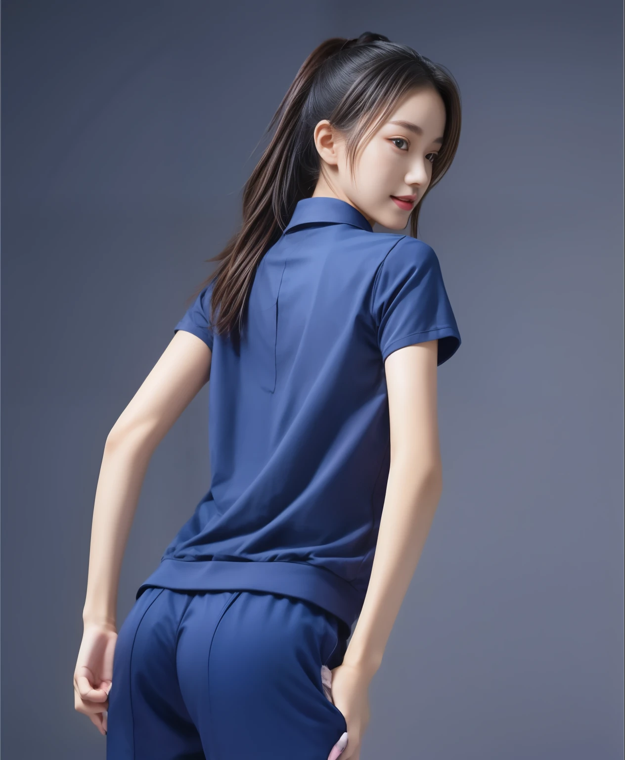 (best quality,10,10,height,Masterpiece:1.2),Special details,(realistic,ภาพrealistic,Realistic photos:1.37),1 Cute girl in the kitchen,shiny, ผิวshiny,only,smile softly,BDclothelue shirt:1.3)),short sleeve,shirt, กางเกงขาlong.,(navy_long_track pants:1.1), ((Kitchen Background)),Dynamic angle,excited,Face focus,dynamic poses,from behind,focus on ass,Masterpiece, best quality, ultra realistic, Too many details, 8k resolution, raw photos, Sharp focus, ((Navy blue shirt:1.1)), short sleeve, เส้นทางlong, perfect body, 2 mature women, 18 years old, Cinema-grade lighting system,blue sweatpants,shirtผ้าออกกำลังกาย,correct anatomy,perfect body, correct body, Sharp face, correct bodyทางกายวิภาค, full body, realistic gestures, long-haired, realistic poses,Wear long shorts...........................,ช่วงขาlong,Good shape,carved girl, Slender figure, model, Good shape, beautiful body,blue sweatpants, two girls kissing
