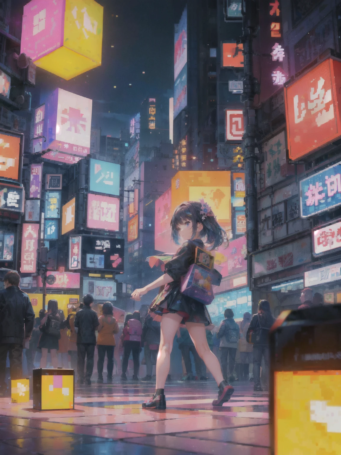 (pixel art_1.1),俯视图panoramic,panoramic,A flowery city composed of a three-dimensional fourth-level Rubik's Cube,Every side of the Rubik's Cube is lively,(Pixel particle explosions:1.2),little girl,night,street,kitten,neon lights,Hongkong,cyberpunk,Four-dimensional space,distortion
