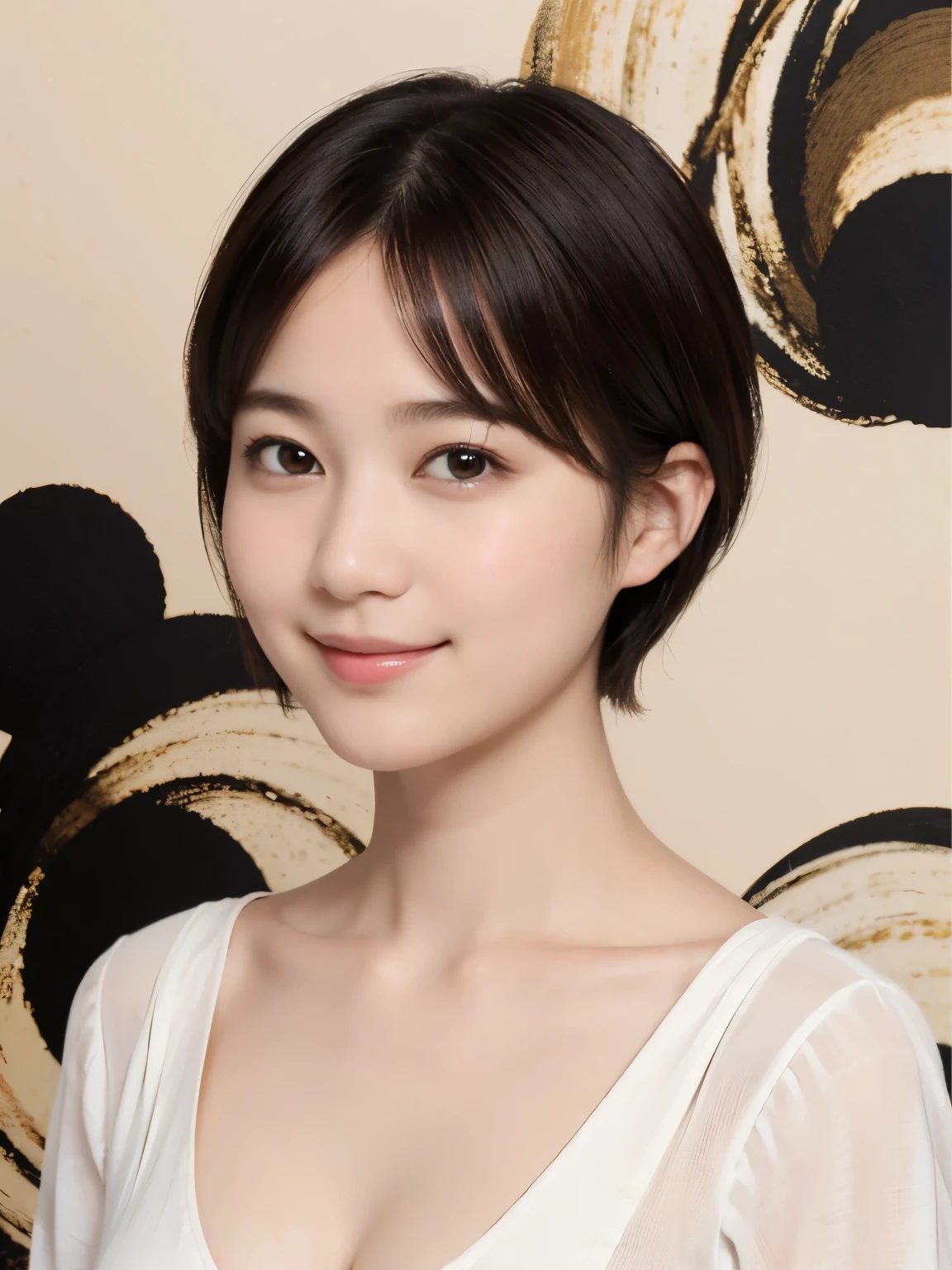 179 Short hair, 20 year old woman, gentle smile, (abstract background:1.46), breast:1.46
