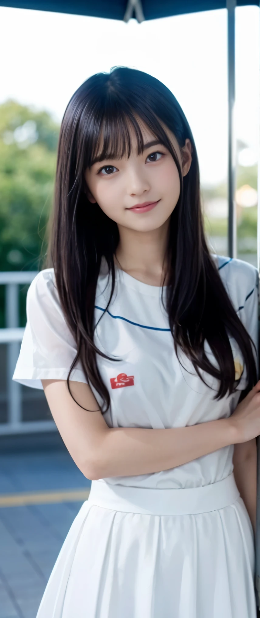 (masterpiece, highest quality:1.2), 8k, 12才のfull nudeの女の子, 85mm,Official AR RAW photo, スーパースリムなスレンダーbeautiful girl, (When I lift up my short navy blue skirt、上Half bodyfull nude、Super beautiful breasts、show me your ears、naked girl photoshoot、full nude, cute face, close, Half body, Biolace, gardenia, beautiful girl, White floral skirt, White floral skirt, thighs, short sleeve, stand on the station platform, looking at the viewer, no makeup, (big smile), film grain, chromatic aberration, sharp focus, face light, clear lighting, Ten generations, detailed face, background bokeh, (Super beautiful breasts:1.1)、((((((の上Half bodyfull nudeの女の子))))))、((((((12才のfull nude女子高生)))))、thin waist、Lowered from the top of the front