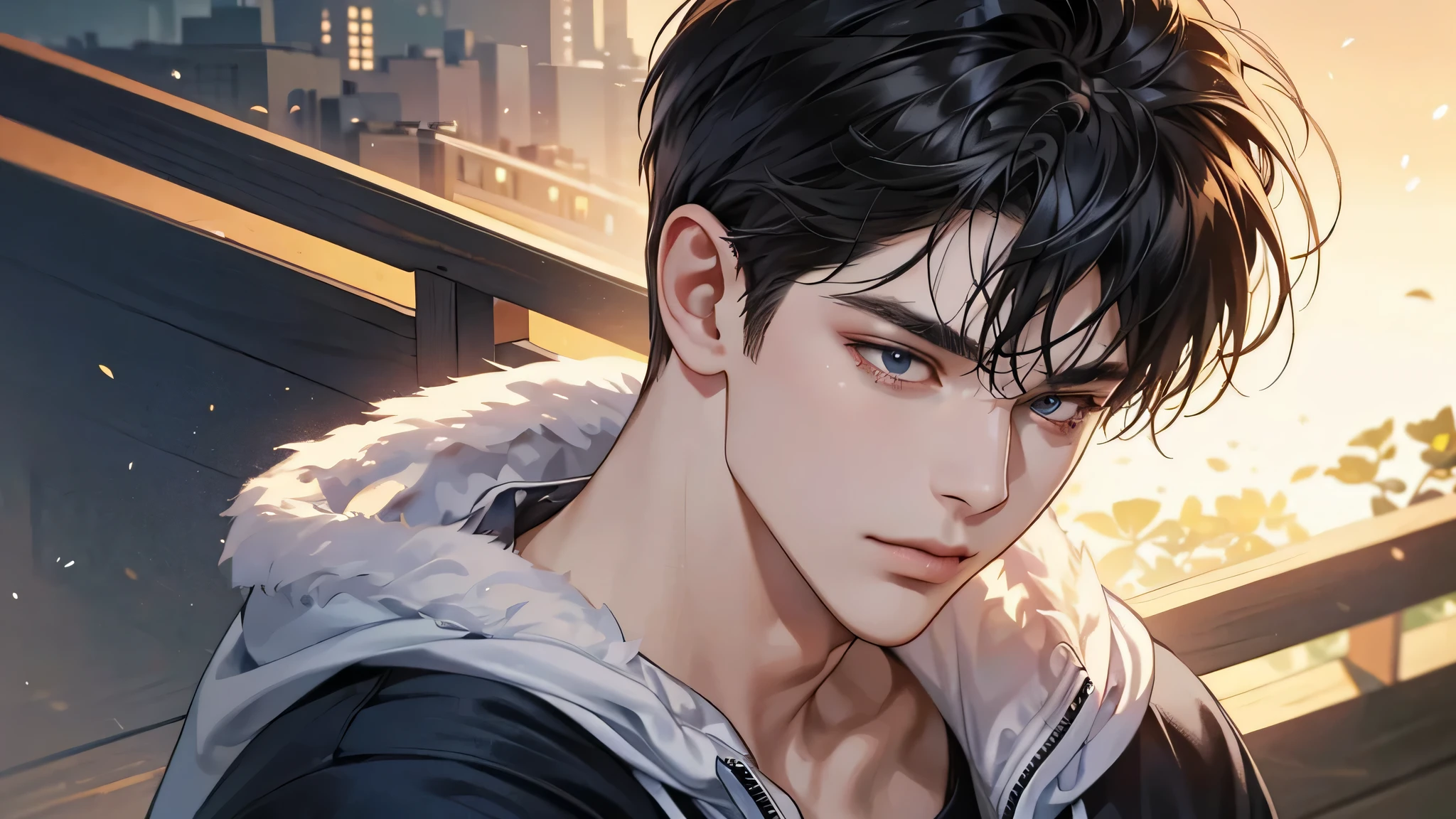 (best quality digital art digital illustration 4k high resolution beautiful image hyper-detailed image perfect lines soft lighting night environment focus face soft zoom) (1:1 photorealistic) (neutral colors hdr 1.4) a young adult man (thoughtful expression) closed eyes comfortable smile black T-shirts medium black hair