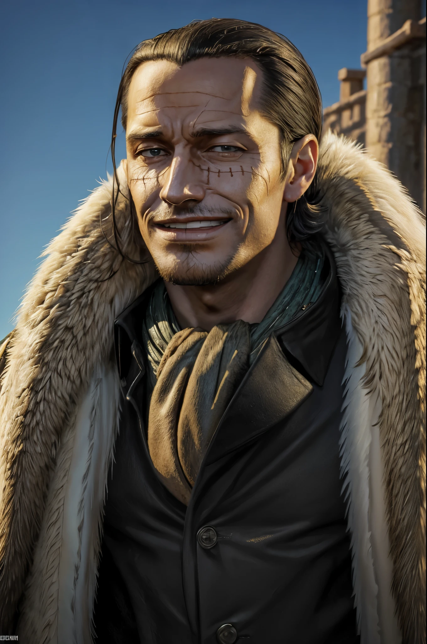 masterpiece, best quality, extremely detailed, hyperrealistic, photorealistic, a cool 40s man, ultra detailed face:1.1, fur-trimmed coat, scarf around the neck, his left hand is a golden pirate hook:1.1, close up shot, sly smile, blue sky,
