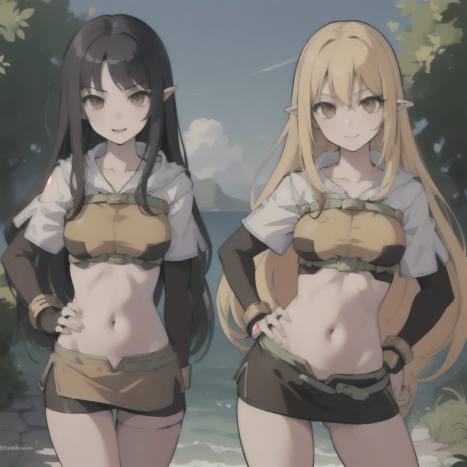 (masterpiece, best quality:1.2), two girl, 2girl, long hair, smile, looking at viewer, hand on hip, ragnarokhunter , anime girl with long hair, long haired girl,
navel, evil expression, exposed belly, exposed navel, exposed midriff, exposed lower belly, micro
miniskirt, micro pencil skirt,