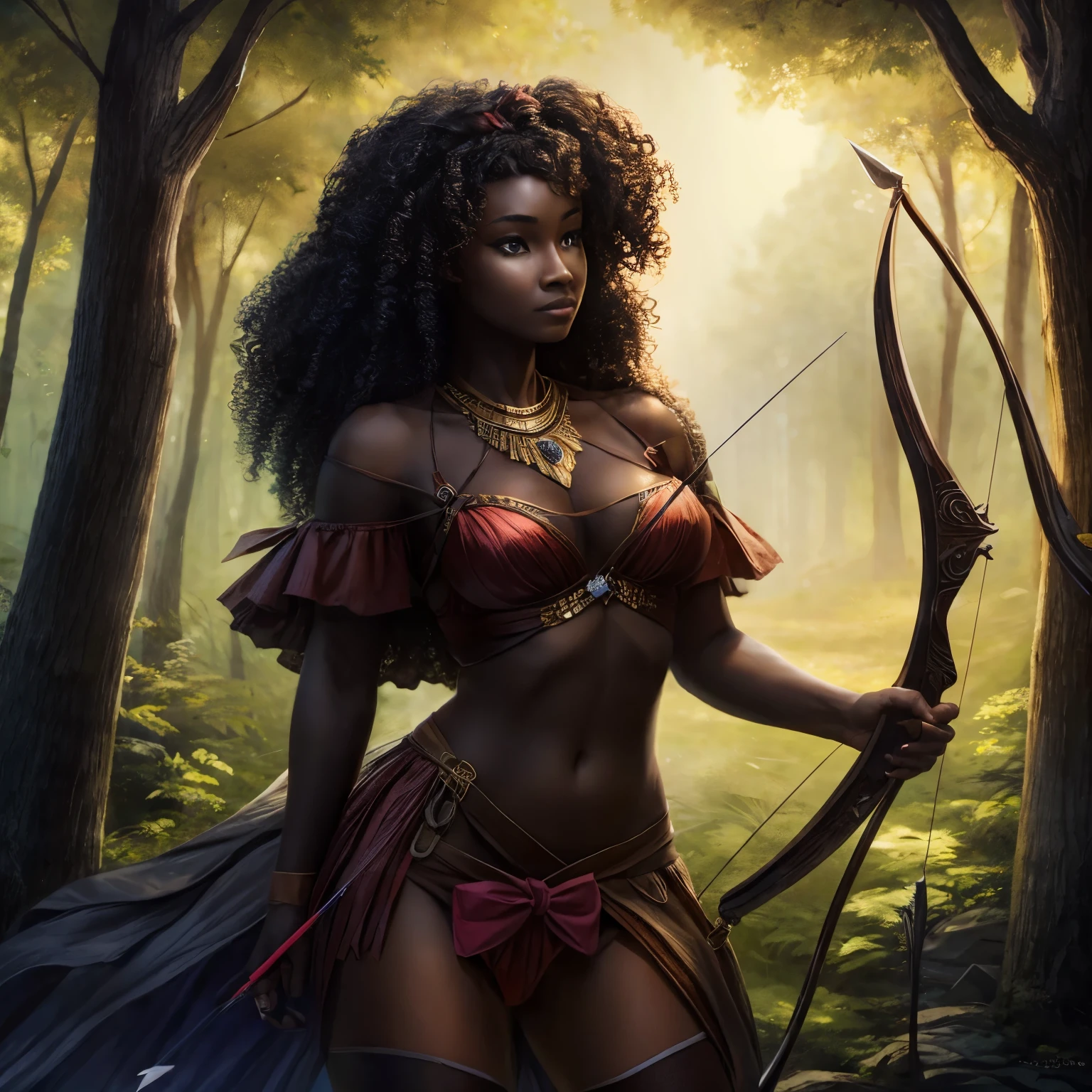 Make a picture of a black woman with curly hair in the forest with a bow and arrow