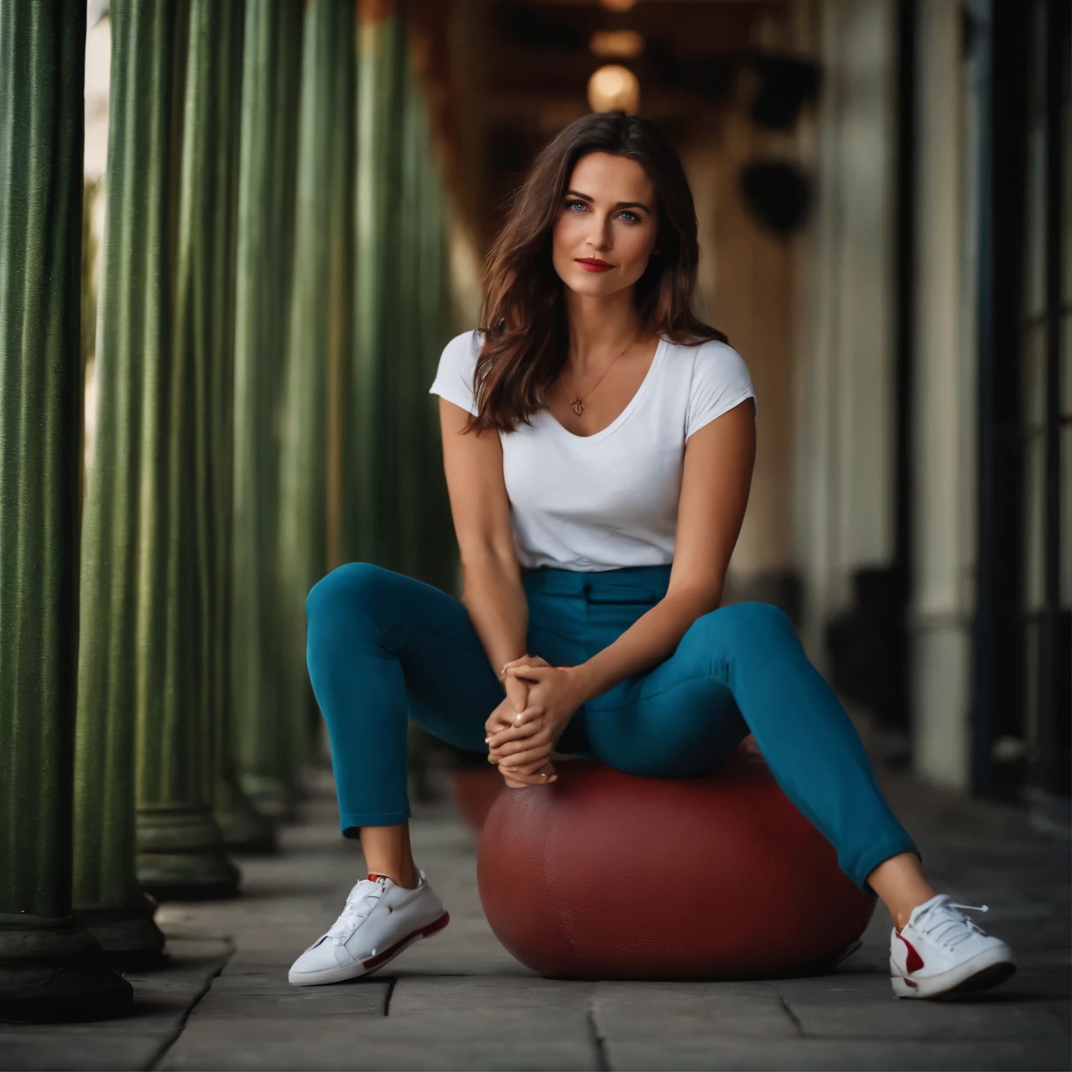 Creates an image of a brunette woman with green eyes and dressed in casual clothes blue pants and white t-shirt and black shoes and colored hair red yellow and blue 
