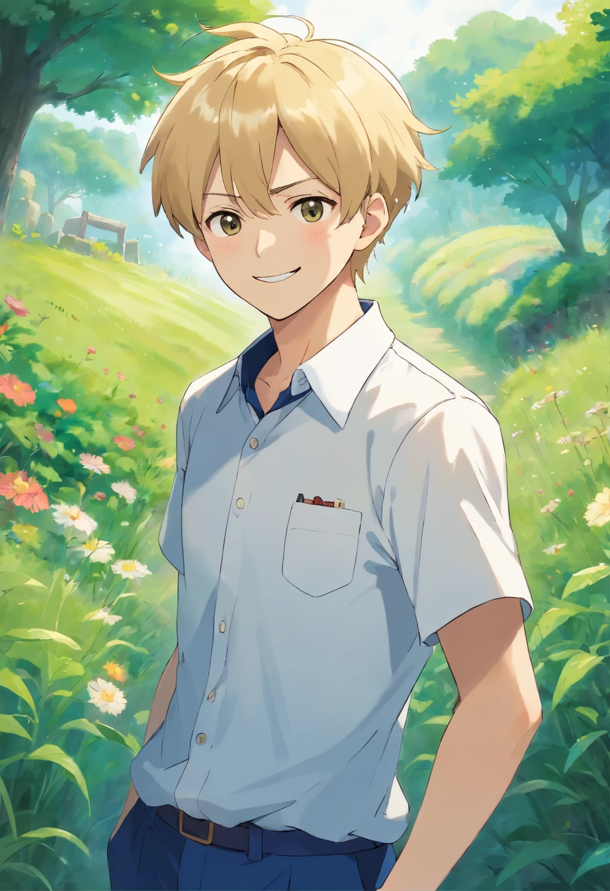Short-haired Japanese anime man with very short blonde hair and a beard, whole body, Wearing a navy blue setup, white shirt, garden、grass、standing position、various expressions、smile、bright、Get angry、