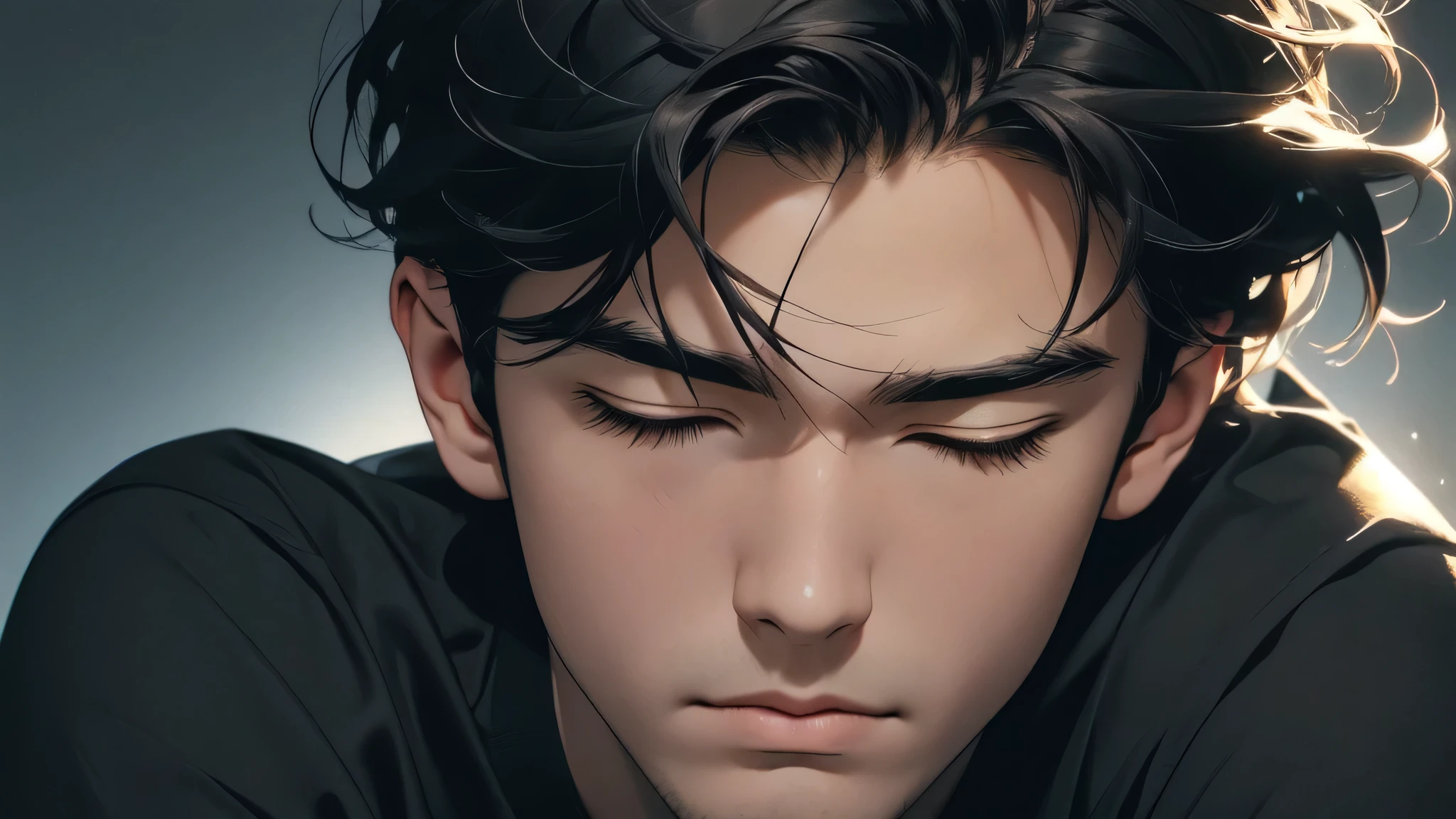 (best quality digital art digital illustration 4k high resolution beautiful image hyper-detailed image perfect lines soft lighting night environment smooth zoom perfect face) (1:1 photorealistic) (neutral colors hdr 1.4) an adult 25 year old man (thoughtful expression) closed eyes medium black hair clothes black T-shirts (dark background)