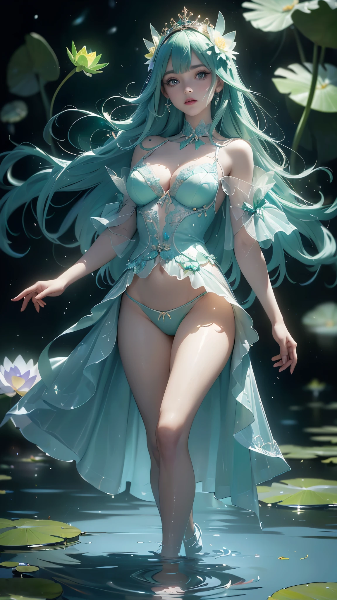 (La mejor calidad,A high resolution,Ultra - detallado,actual),Ariana Grande, (vestido verde:1.4 ), (loto pond), (Water lily leaf), (loto: 1.3), (mariposa: 1.4), (abanico de papel), (hojas flotantes:1.4 ), (viento), (Durmiendo), (agua transparente: 1.1), (luz de la luna: 1.3, combinando perfectamente con el paisaje circundante. en una hermosa noche, la luz de la luna brilla sobre la superficie del agua, creando un ambiente tranquilo. desde arriba, Spectators can see the water lilies and lotus flowers around them., y hay una luz misteriosa bajo el agua que ilumina a los elegantes peces nadando a su alrededor.. Muchas mariposas azules, More detailed 8K.motor irreal:1.4,UHD,La mejor calidad:1.4, fotorrealista:1.4, textura de la piel:1.4, obra maestra:1.8,obra-prima, mejor calidad,objeto Objeto], (detailed face features:1.3),(Las proporciones correctas),(Ojos hermosos azules:1.4 ),  (pose vaquero), (dedos detailed :1.4), (fondo hojas grandes silvestres :1.4), (mostrando  panties lingerie:1.4),( colores brillantes) , 