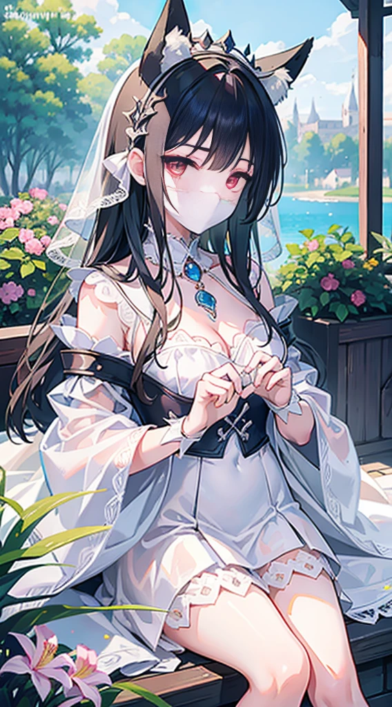 high quality, masterpiece, super detailed, 1 girl, extremely detailed faces,white lace bikini，white cloak，princess crown，Calm expression,White cloth gag，handcuffs，Collar，long black hair, charming pink eyes, fox ears,  castle，garden，waterside，