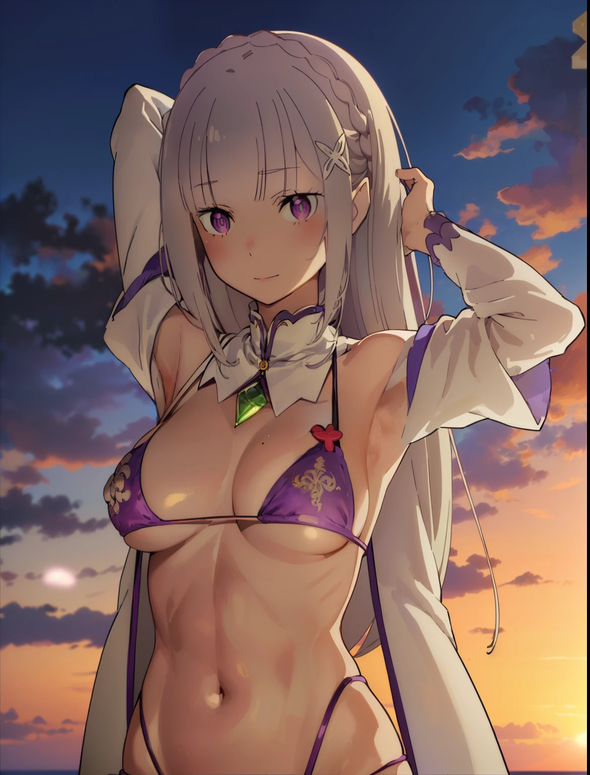 phemilia, 1girl, solo, breasts, smile,((masterpiece,best quality:1.4),ultra-detailed,(intricate details:1.1),cinematic light,short bangs,beautiful detailed eyes,red backround,very wide shot,looking at viewer, (masterpiece), (best quality), (shiny hair), (shiny skin), (shiny skin), solo, twin tail hair, large breast, big , boob curtain, under , ((upper body)), (micro bikini), presenting armpit, bare shoulder, collar bone, (mole armpit), arm up, beach, selfie, cowboy shot, straightened, arms behind head, hands behind head, arms raised, hands in pockets, standing, ((detachable sleeves), (randoseru)), (side ), (bikini)