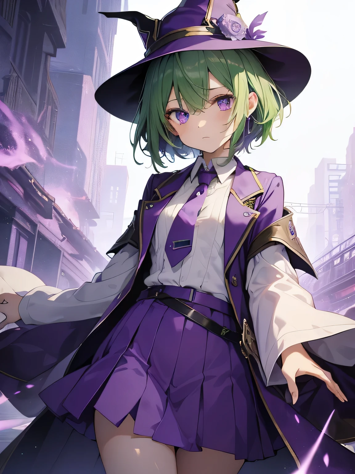 highest quality、very delicate and beautiful、(teenage girl)、purple eyes、green hair、short haired、(Purple Witch Hat)、purple tie、I、short sleeve、purple skirt、tactical vest,purple wizard's robe、belly button、standing、facing the front、expression of hatred、dark background、Eye mark only