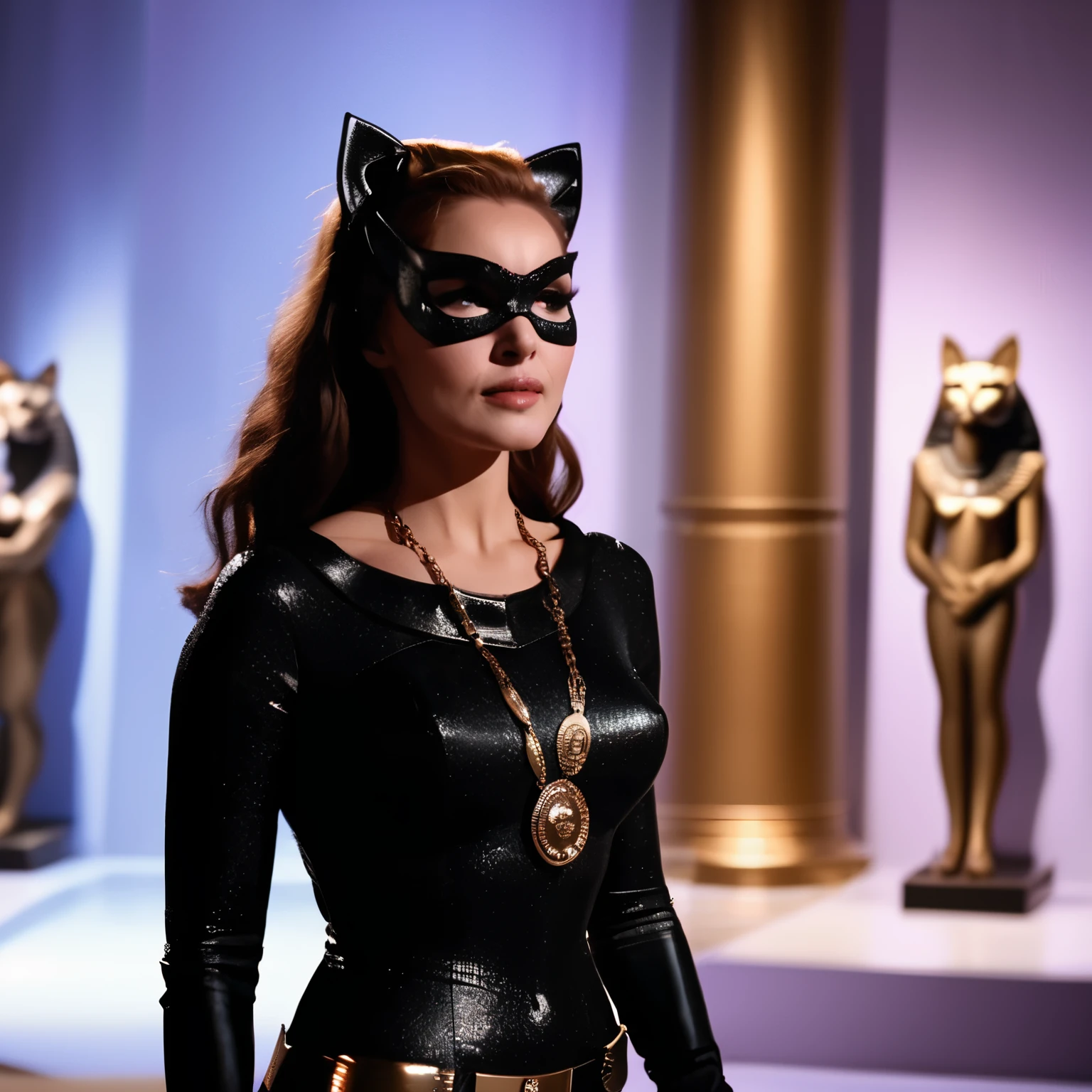 cinematic photo medium shot, from side, catwoman woman, inside a vintage museum, background of egyptian cat sculptures, nightime, high contrast . 35mm photograph,full body, film, bokeh, professional, 4k, highly detailed 