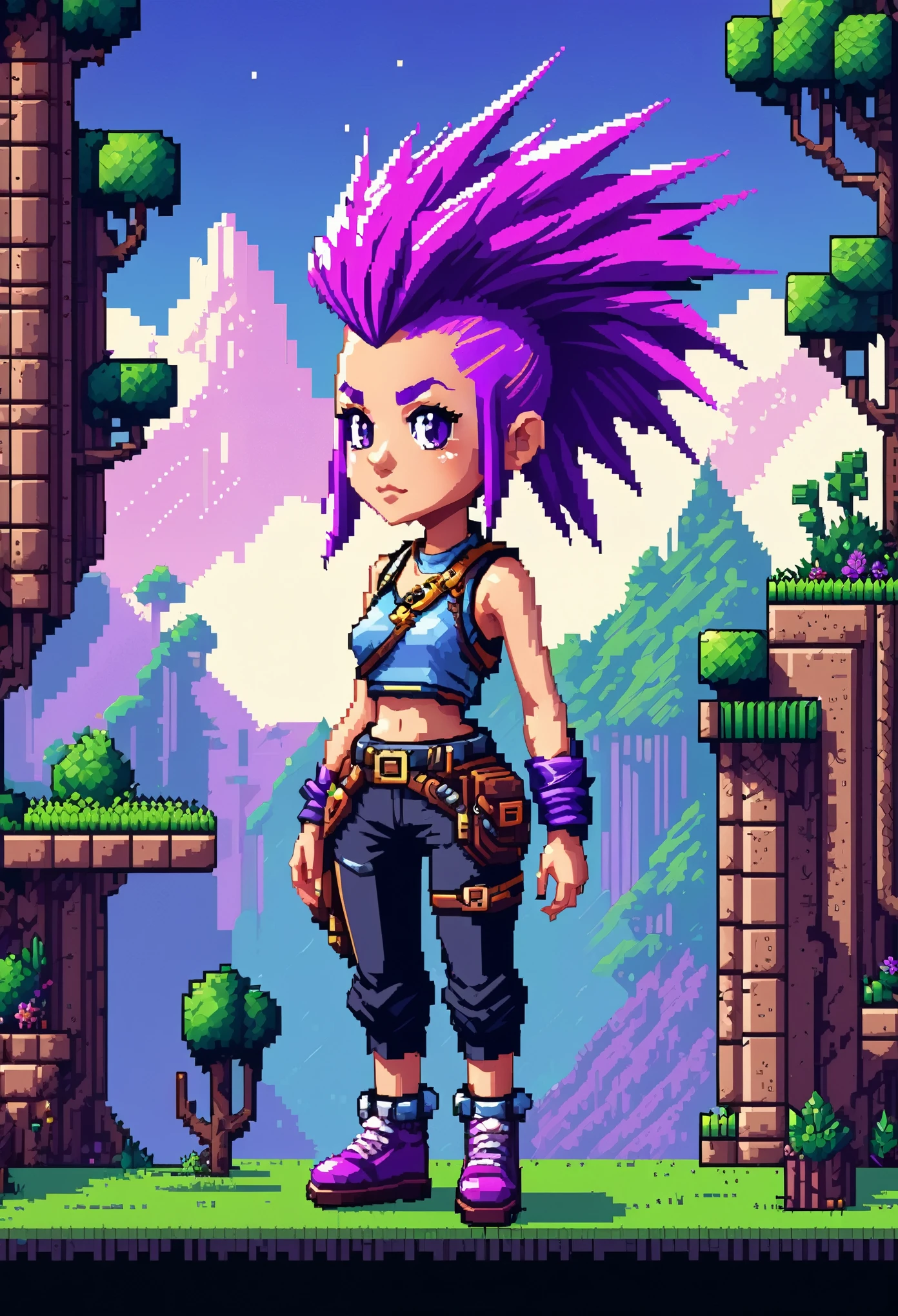 Pixel-Art Adventure featuring a Girl with a purple mohawk: Pixelated girl character, vibrant 8-bit environment, reminiscent of classic games.,Leonardo Style