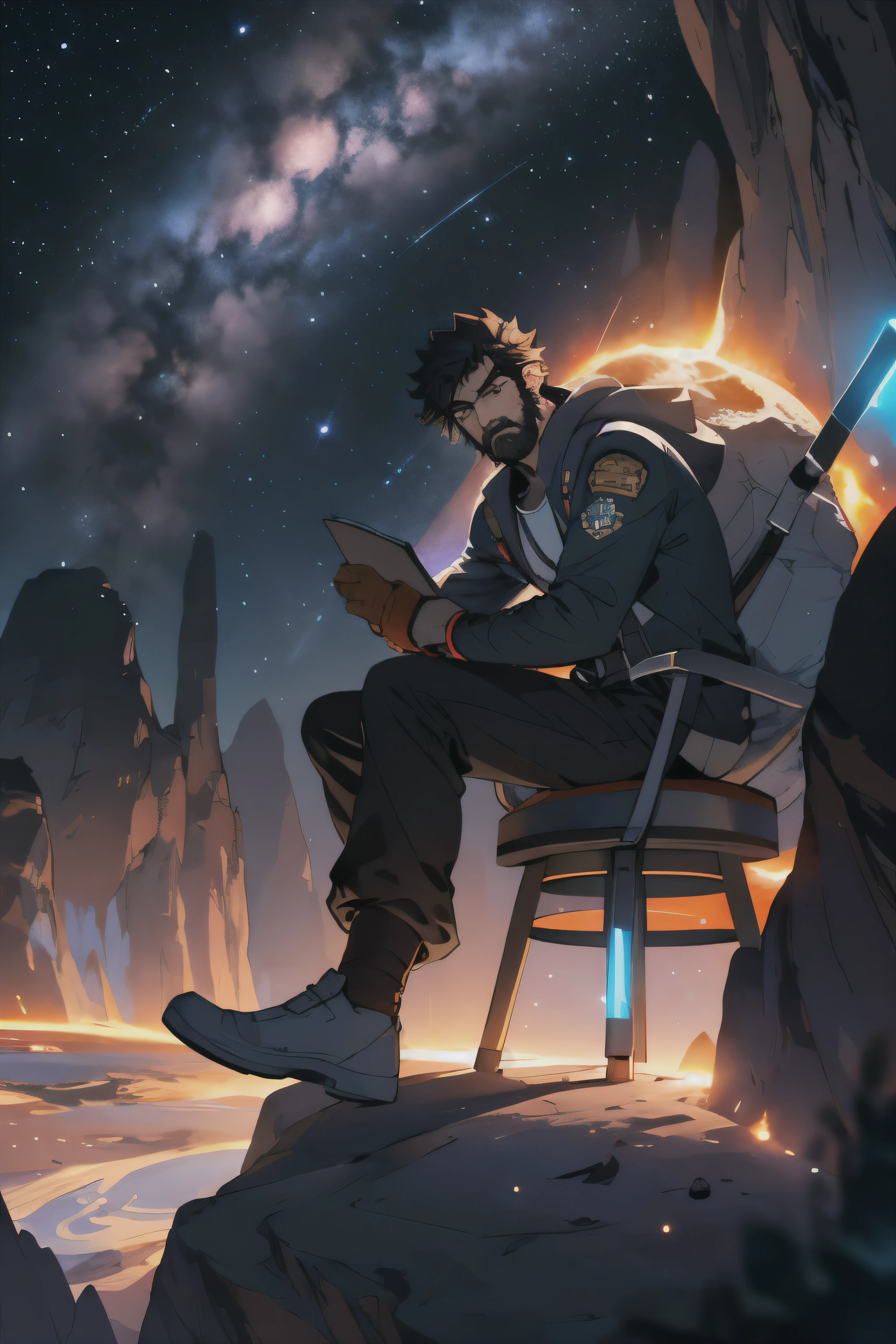 Draw a young programmer, sitting on a research platform floating in the middle of an asteroid belt. He is studying with a notebook, surrounded by several asteroids glowing with fiery auras. Dramatic lighting from distant stars and planets illuminates the scene, casting deep shadows on the suit. The young man looks confident and determined, looking at the vast and mysterious universe with wonder and respect,facial hair, cowboy shot, kumar sai