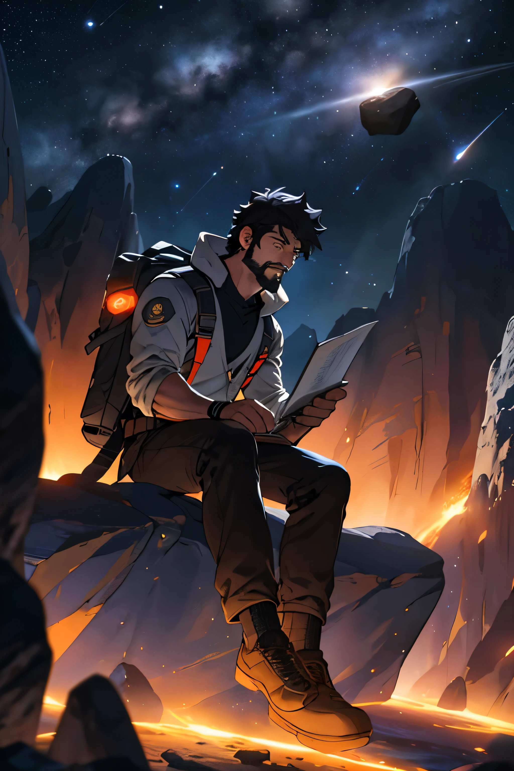 Draw a young programmer, sitting on a research platform floating in the middle of an asteroid belt. He is studying with a notebook, surrounded by several asteroids glowing with fiery auras. Dramatic lighting from distant stars and planets illuminates the scene, casting deep shadows on the suit. The young man looks confident and determined, looking at the vast and mysterious universe with wonder and respect,facial hair, cowboy shot, kumar sai