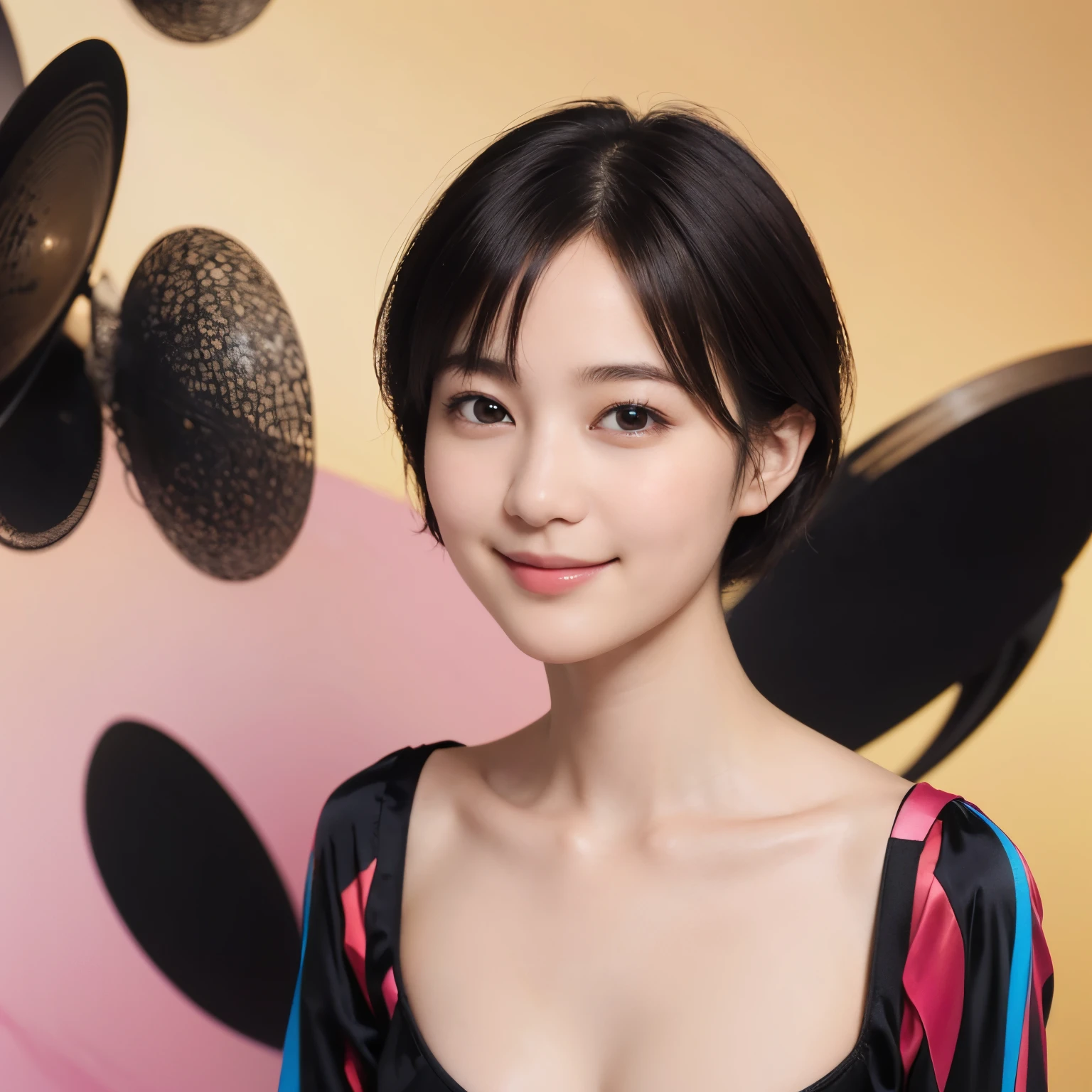 179 Short hair, 20 year old woman, gentle smile, (abstract background:1.46), breast:1.2