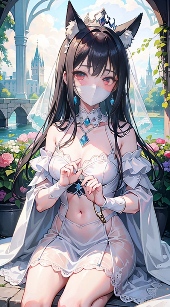 high quality, masterpiece, super detailed, 1 girl, extremely detailed faces,white lace bikini,white cloak,princess crown,Calm expression,White cloth gag,handcuffs,Collar,long black hair, charming pink eyes, fox ears, castle,garden,waterside,