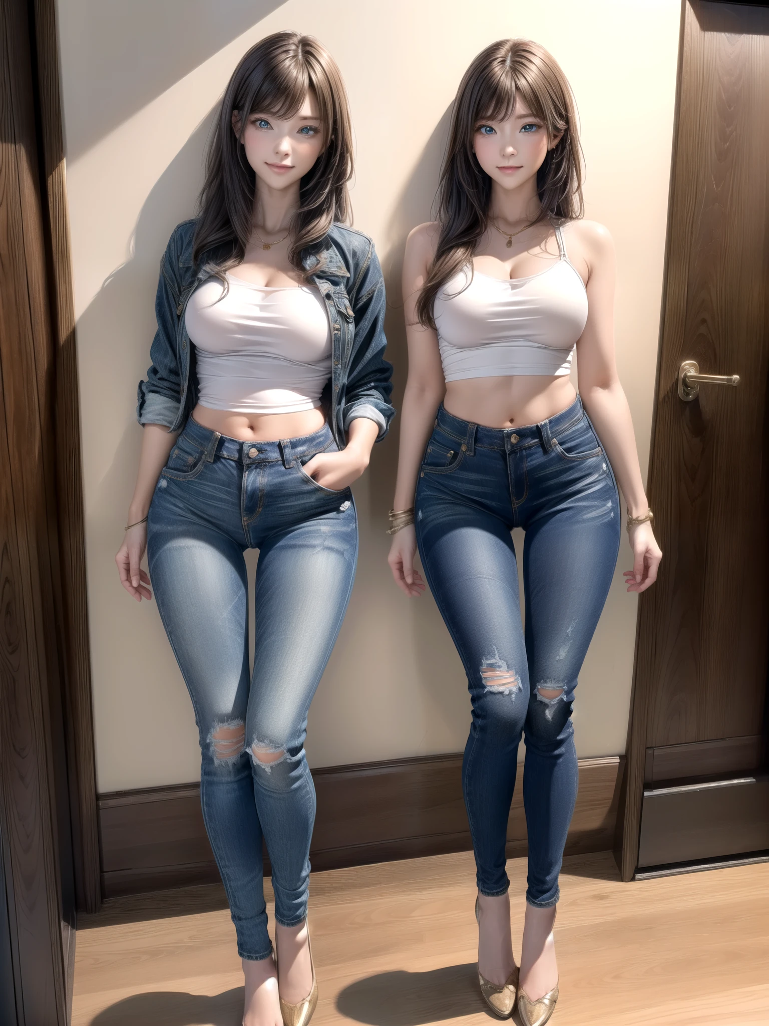 (masterpiece:1.3), (8k, photorealistic, RAW photo, Highest image quality: 1.4), ultra high resolution, Super realistic, high detail, soft lightning, disorganized, An image of only the buttocks of a woman wearing dark blue denim jeans、You can see the texture of denim jeans、Ultra high-definition close-up images、((A butt wearing nice denim jeans with upward tautness))、(((Description of a woman&#39;s body shape: A firm, round buttocks with short legs.、Tight, round thighs with a gap between the thighs))), perfect hands, detailed finger, perfect feet、Wearing denim jeans、((Shooting with focus on the buttocks:1.2))、from below、A face that looks away and turns to the side、Rear view、buckshot、(Detailed background Office room with warm wood、Enzo machine、office chair、conference room style)、Shooting ratio of person and background to 50:50 evenly