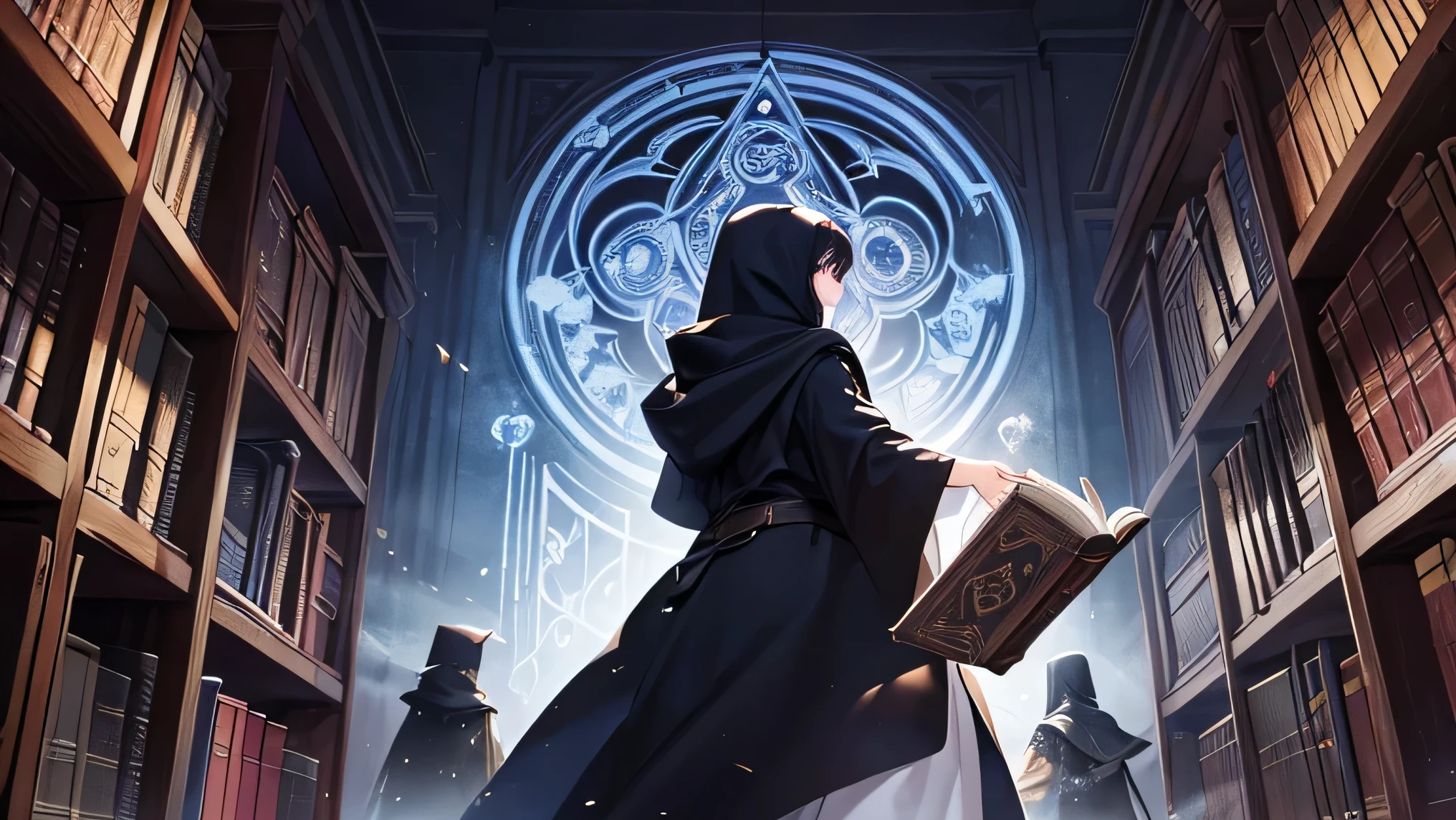 Ignoring the consequences, Adrian began reciting the magic words from the grimoire. Immediately, the library reacted. Books vibrated on their shelves, and ancient shadows danced through the air. The Elder of Books appeared before Adrian, a hooded figure shrouded in mystery.