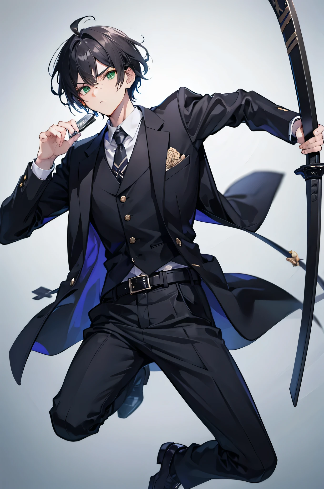 1 guy, black hair, green eyes, calm and reserved, wearing a black blazer jacket with a single gray stripe along with a zipper pocket, white long sleeve shirt, black gloves, black slacks, black shoes and a white belt, with a scabbard for the sword attached to the belt,looking at viewer, 8k