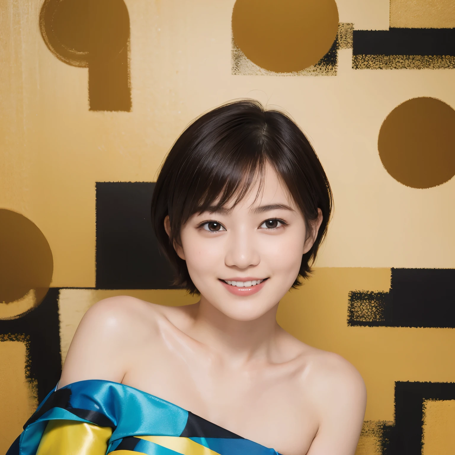 179 Short hair, 20 year old woman, gentle smile, (abstract background:1.46), breast:1.2