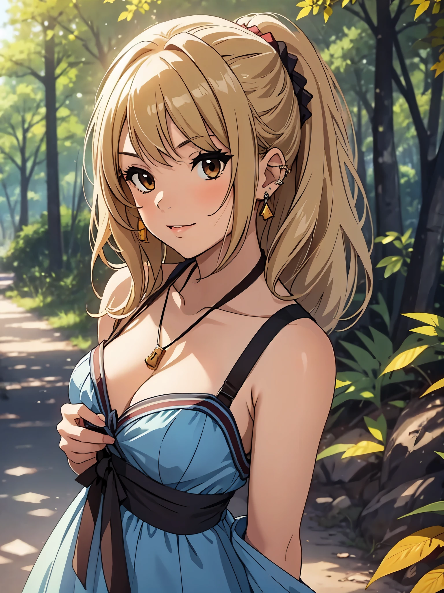 (masterpiece, best quality), 1girl, solo, face, detailed lips, looking at viewer, light blush, light smile, pendant, ear piercing, long eyelashes, blonde hair, long wavy hair, high ponytail, asymmetrical bangs, light brown eyes, pale skin, outdoors, forest trail, sunlight, blue scrunchie, strapless colorful summer dress , medium breasts, sexually suggestive, haruhi suzumiya, colorful render, vivid colors.