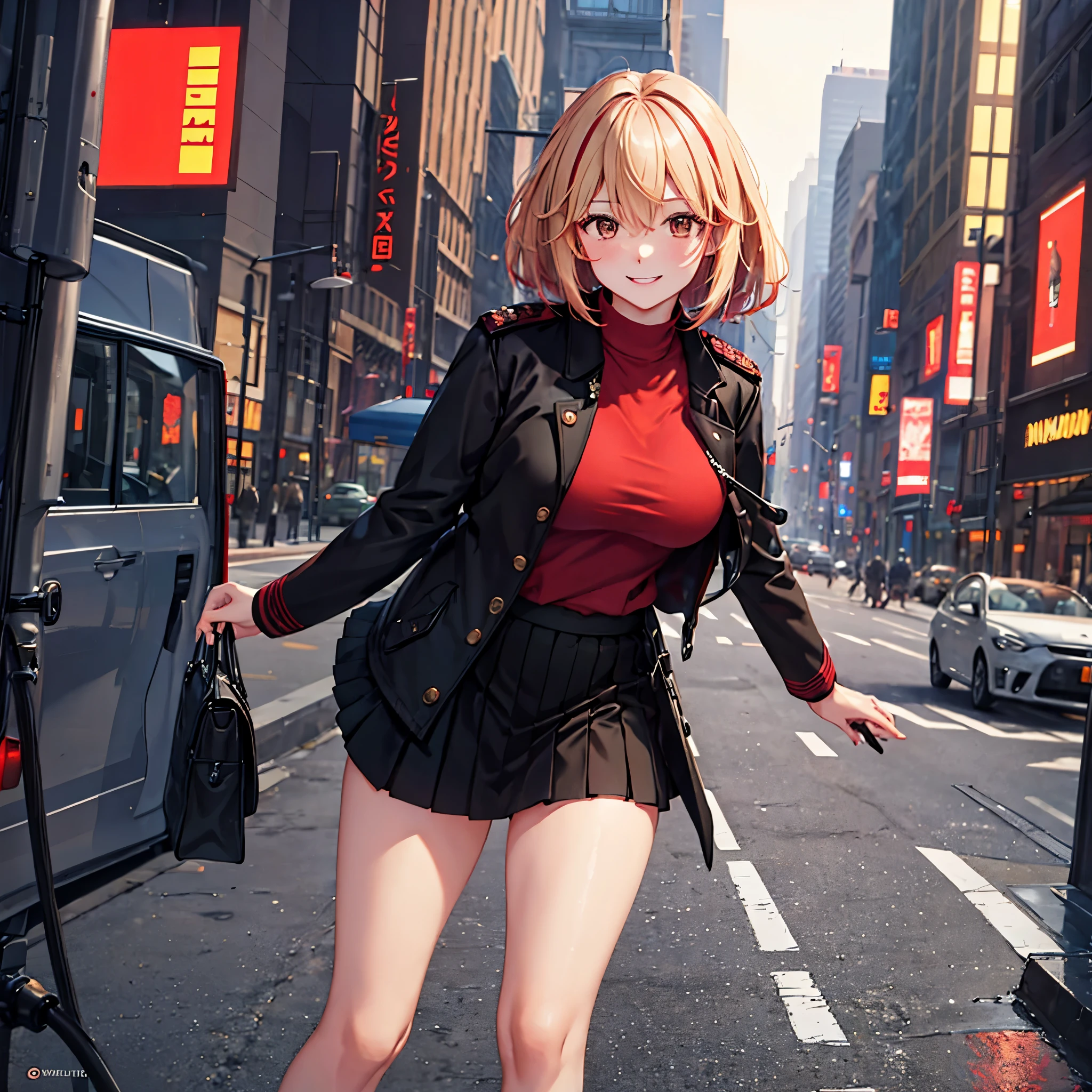 A woman wearing a red shirt, a black coat, wearing a short skirt, brown eyes, short blonde hair, red bangs, smiling, walking in a large, well-lit city at night, (just one woman)
