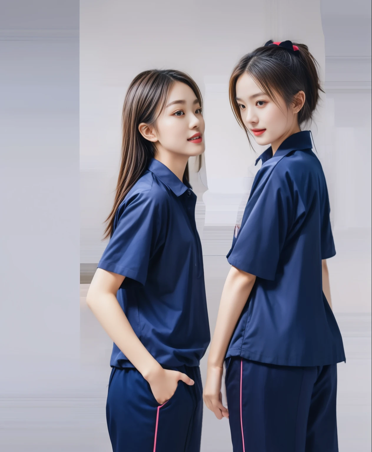 (best quality,10,10,height,Masterpiece:1.2),Special details,(realistic,ภาพrealistic,Realistic photos:1.37),1 Cute girl in the kitchen,shiny, ผิวshiny,only,smile softly,BDclothelue shirt:1.3)),short sleeve,shirt, กางเกงขาlong.,(navy_long_track pants:1.1), ((Kitchen Background)),Dynamic angle,excited,Face focus,dynamic poses,from behind,focus on ass,Masterpiece, best quality, ultra realistic, Too many details, 8k resolution, raw photos, Sharp focus, ((Navy blue shirt:1.1)), short sleeve, เส้นทางlong, perfect body, 2 mature women, 18 years old, Cinema-grade lighting system,blue sweatpants,shirtผ้าออกกำลังกาย,correct anatomy,perfect body, correct body, Sharp face, correct bodyทางกายวิภาค, full body, realistic gestures, long-haired, realistic poses,Wear long shorts...........................,ช่วงขาlong,Good shape,carved girl, Slender figure, model, Good shape, beautiful body,blue sweatpants, two girls kissing