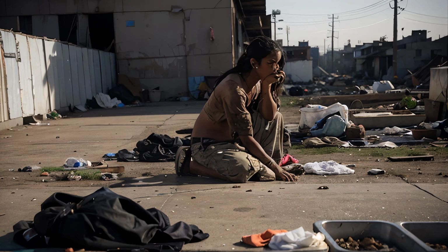 hijab crawling, chained and shackled in garbage, humiliation, (restrained:1.2), (dirty body), (tears)