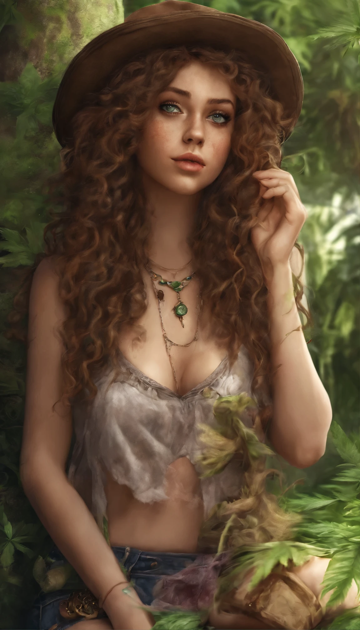 A stoner princess, brown curly hair, green eyes, hot as fuck, a setting of a scene, age 21 a women, skirts, marijuana everywhere.