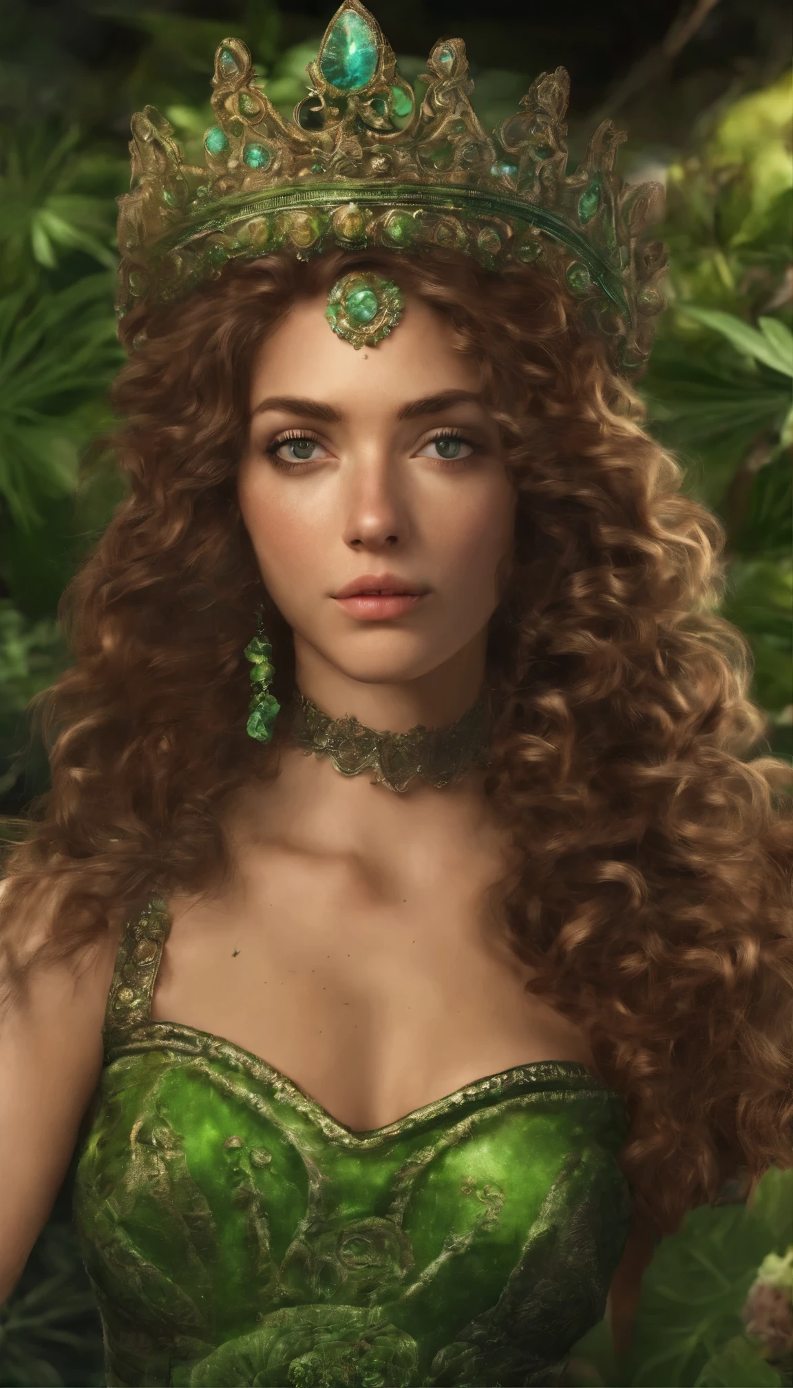 A stoner princess, brown curly hair, green eyes, hot as fuck, a setting of a scene, age 21 a women, skirts, marijuana everywhere.