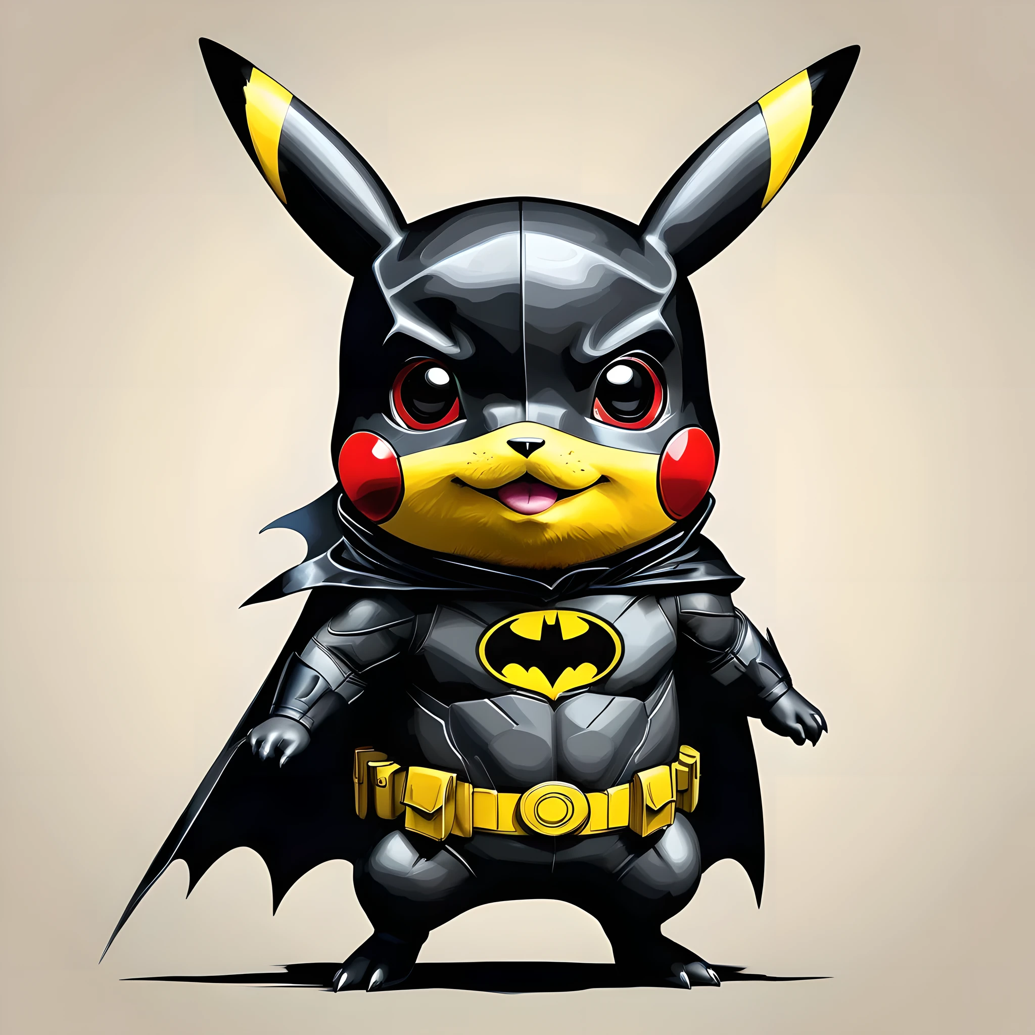 a masterpiece, ultra detailed, colorful, sombre, ????, high resolution illustration of a Pikachu dressed as batman, circular vector painting, drawn by ink, greatest attention to details with masterclass strokes, with a blank background