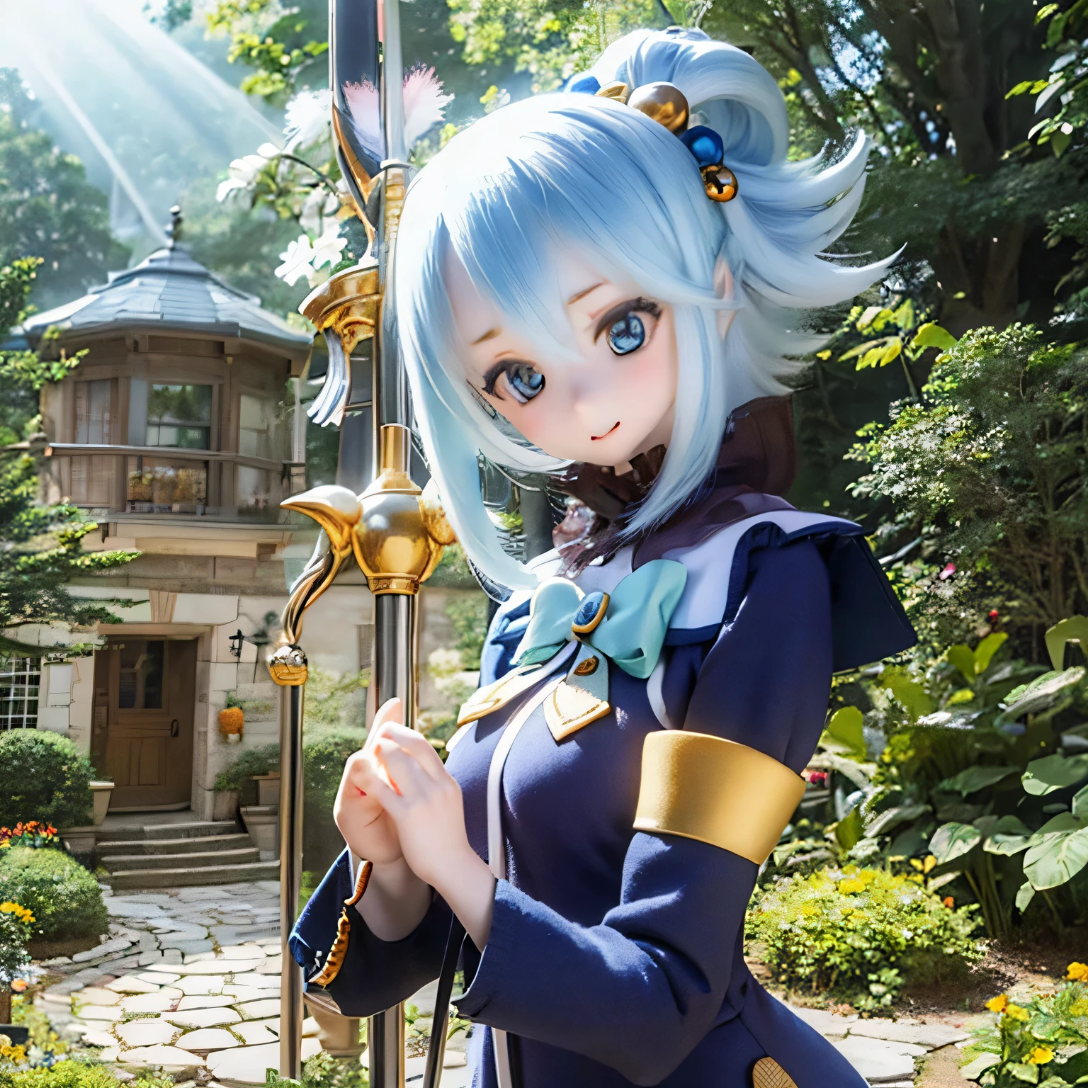 (a young girl and) blue hair, (wearing) a white and blue dress, (holding) staff, (standing) In the midst of lush greenery, lively garden, (and) colorandりどりの花 (bloom) Around her, (Down) clear blue sky.
(portrait) girl&#39;s, (realistic) rendering, (and) (super detailed) Features, (inclusive) shining blue eyes, (薔薇colorの) lips, and (length) eyelash.
(highest quality, 4k, High resolution) image, (and) (Brilliant) color, (highlight) 女の子の生き生きandした姿.
(the garden is filled and) sunlight, (Done) a warm and inviting atmosphere, (and) kind (Sun rays) illuminate the scene.