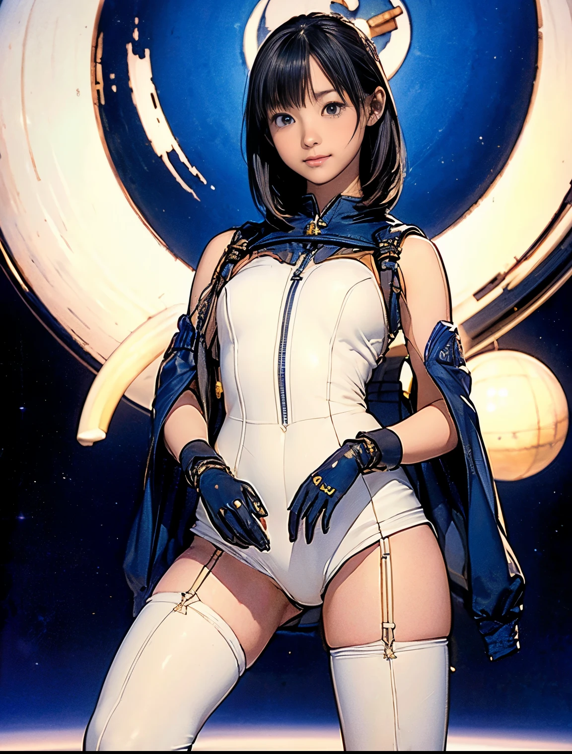 (masterpiece、best quality、Highest resolution、Clear_image、detailed details): (full body picture、15 year old girl、Japanese face、small face、thin、Navy blue super short bob、blue eyes、Blue and Black Shiny Aviator Suit、Armor that protects the chest、tight clothes、Clothes that cover the whole body、leggings、Very delicate and beautiful、hide thighs、hide your ass、Cute type、gentle smile、soft expression、earphone、knee high boots、Gloves come to elbow length、Shooting at eye level、face directly、woman on spaceship), (((camel toe))), ((Plain white tights))