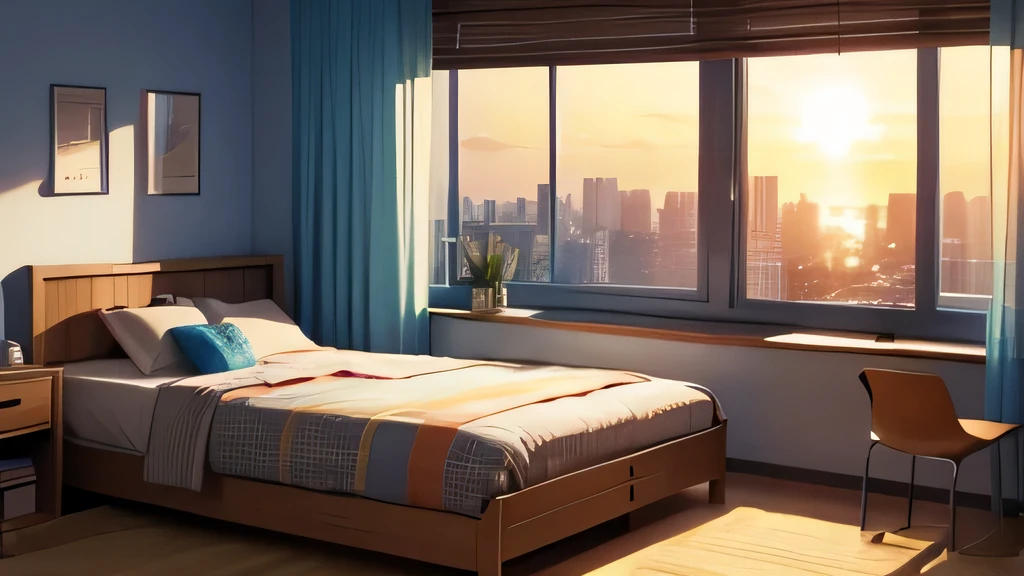 um quarto de estudante com (janela grande), estante, cama, computador, sunset