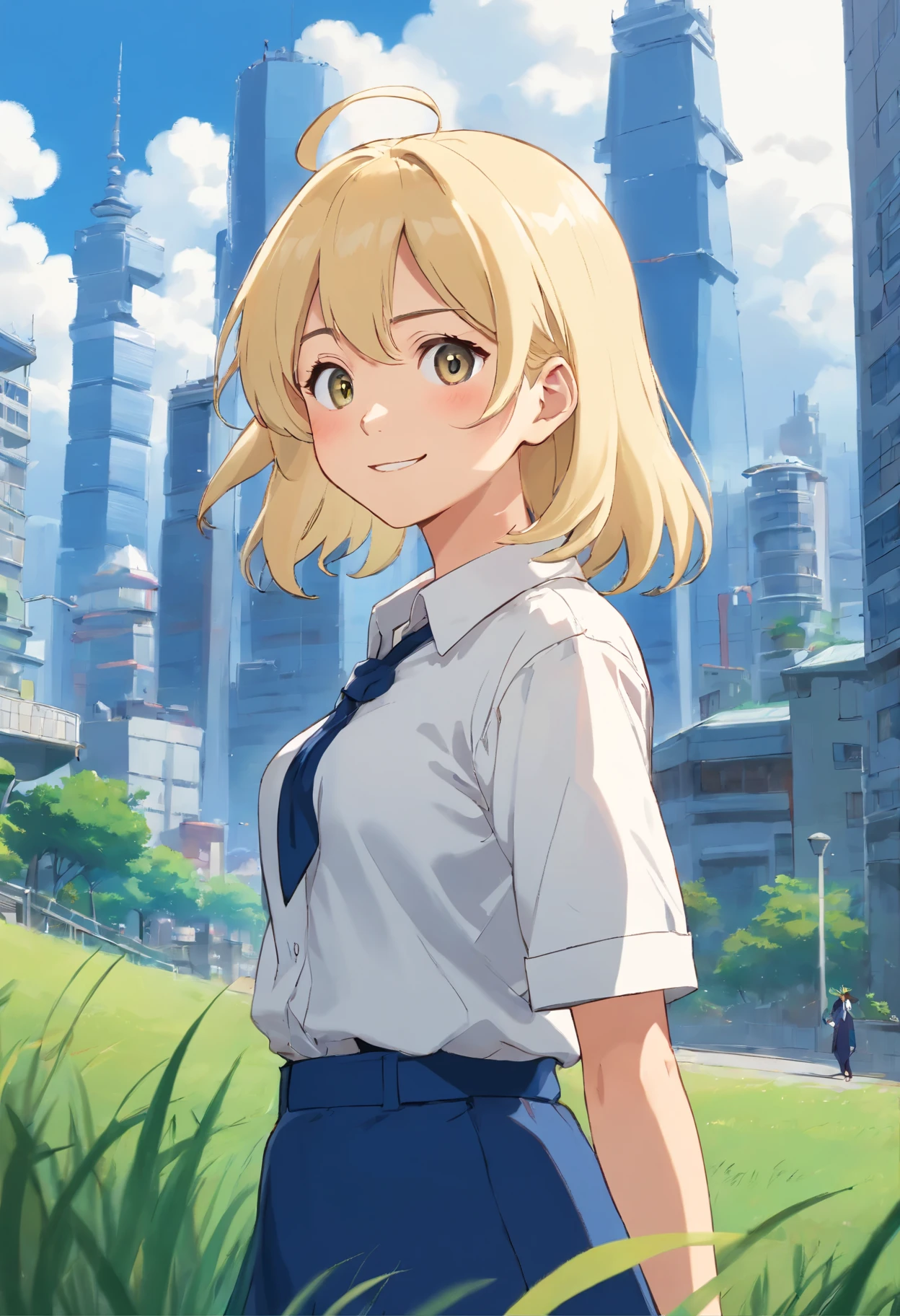 very long blonde hair、Japanese anime woman with short hair, whole body, Wearing a navy blue setup, white shirt, skyscrapers、grass、standing position、various expressions、smile、bright、Get angry、