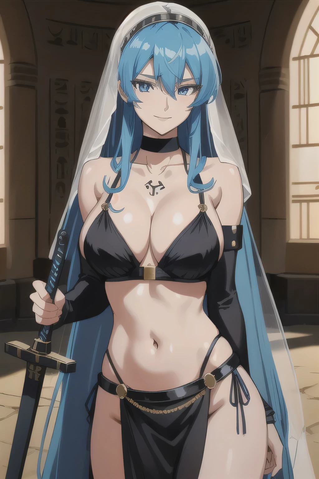 1girl,  esdeath, long hair,  choker, chest tattoo,
mature female, mature, adult, Eft_akame_esdeath, 1girl, blue eyes, blue hair, long hair, large breasts, tattoo, very long hair, chest tattoo, choker, hair between eyes, masterpiece, best quality, highly detailed ,glint,halterneck,gold_choker, complex detailed background,
inside, stone wall, ancient interior, ancient egyptian room, hieroglyphs, dark lighting, dark
atmosphere, (cowboy shot), holding a sword, sword, belly_chain,harem_outfit,navel, necklace,
pelvic_curtain,revealing_clothes, veil，masterpiece,best quality,1girl,mature,evil smile, smile,
female,mature,necklace,pendant, (nsfw) not safe for work, exposed belly, exposed navel, exposed
midriff, exposed lower belly, navel piercing