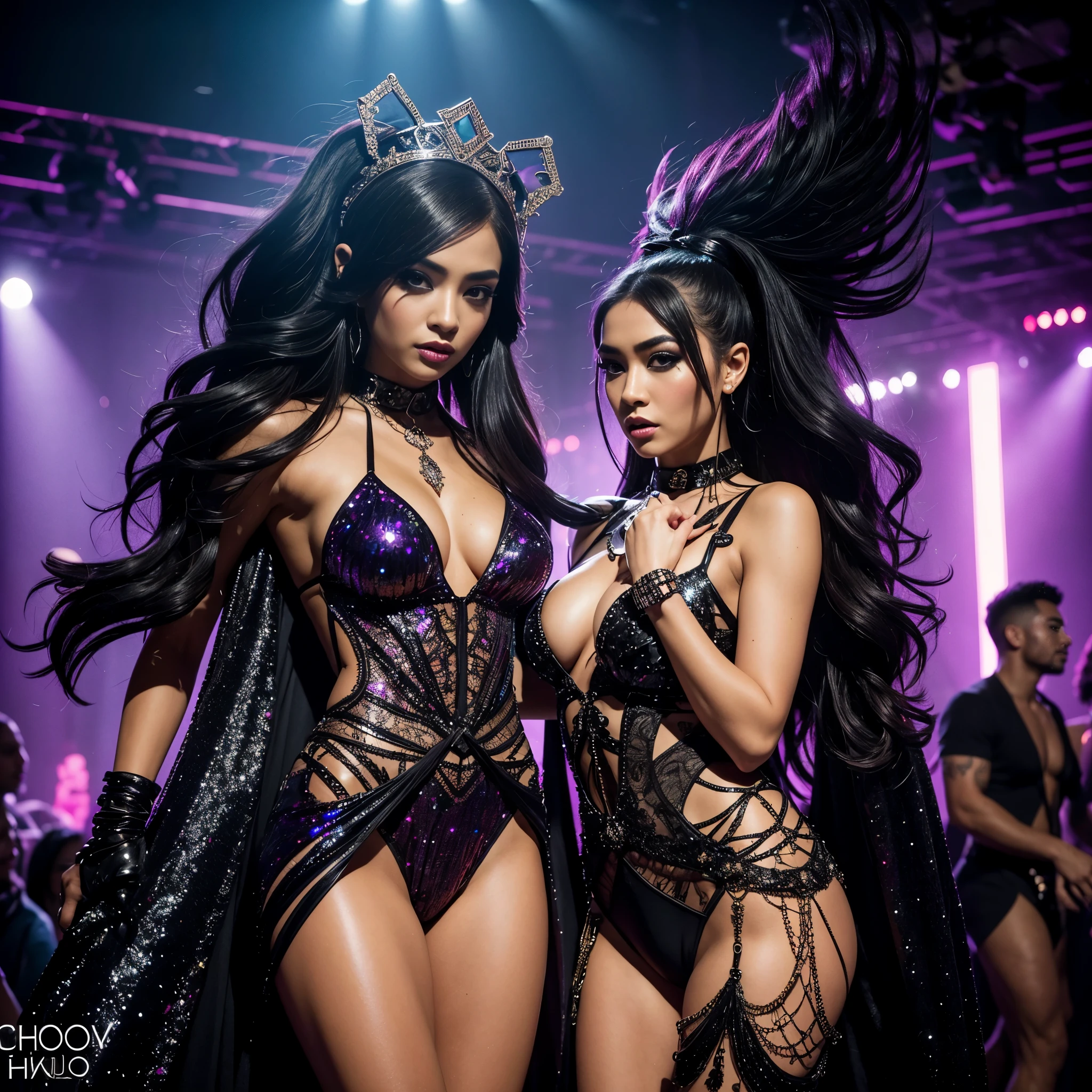 (best quality,4k,8k,highres,masterpiece:1.2),ultra-detailed,(realistic,photorealistic,photo-realistic:1.37),portrait,Thai Lady Boy,painting,detailed makeup,exquisite costume,dark ambiance,night club scene,chain leash,creepy shark,frog,party atmosphere,vibrant colors,fierce expression,dynamic pose,glowing lights,striking composition,dramatic shadows,shimmering sequins,mysterious atmosphere,edgy fashion,audacious personality,haunting allure,sultry gaze,dazzling performance,energetic dance moves,exciting nightlife,enticing visual impact,twisted sense of beauty,lively partygoers,fabulous spectacle,overwhelming presence,mesmerizing details,endless celebrations,sense of liberation,breathtaking transformation,unforgettable moments