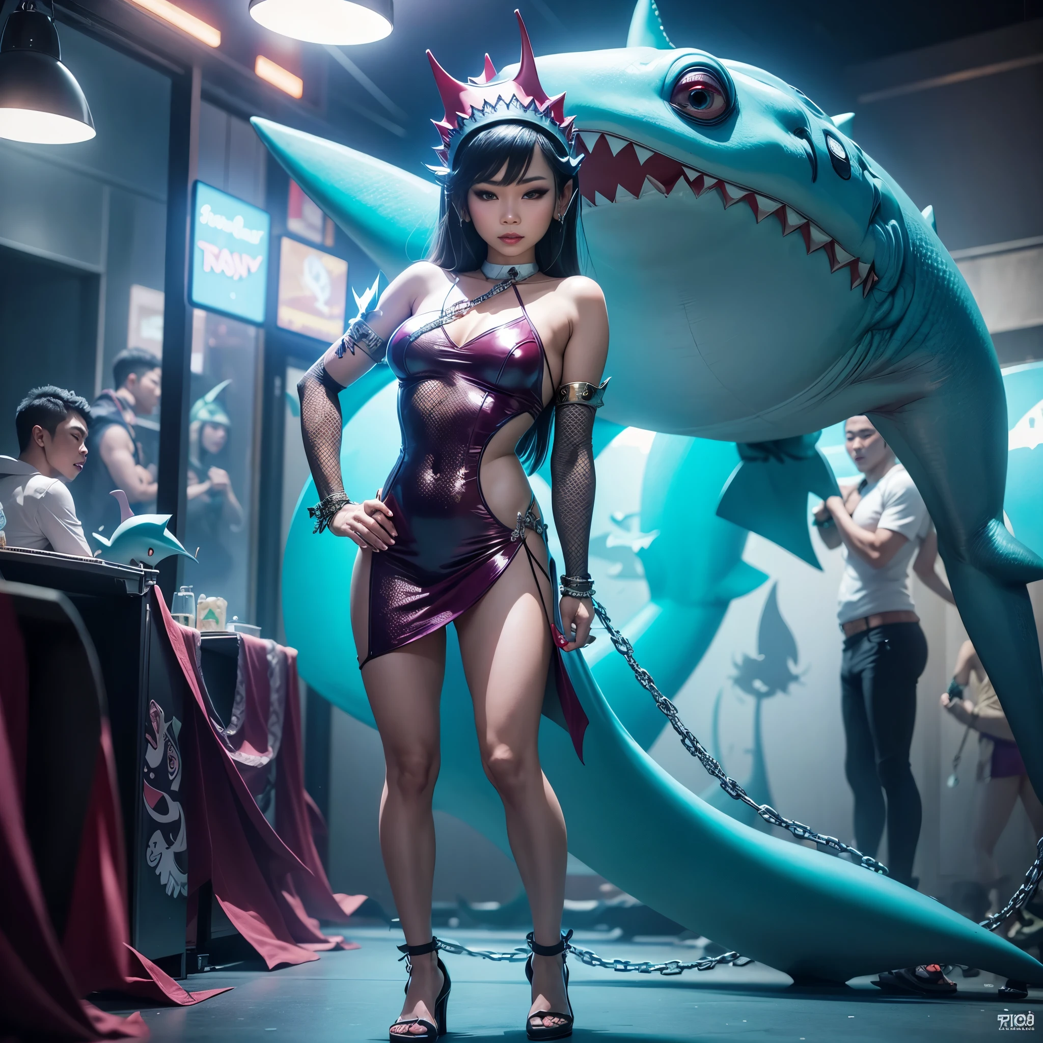 A Thai Lady Boy (dressed to party) leads a big creepy (shark|frog) around a night club, held by a chain