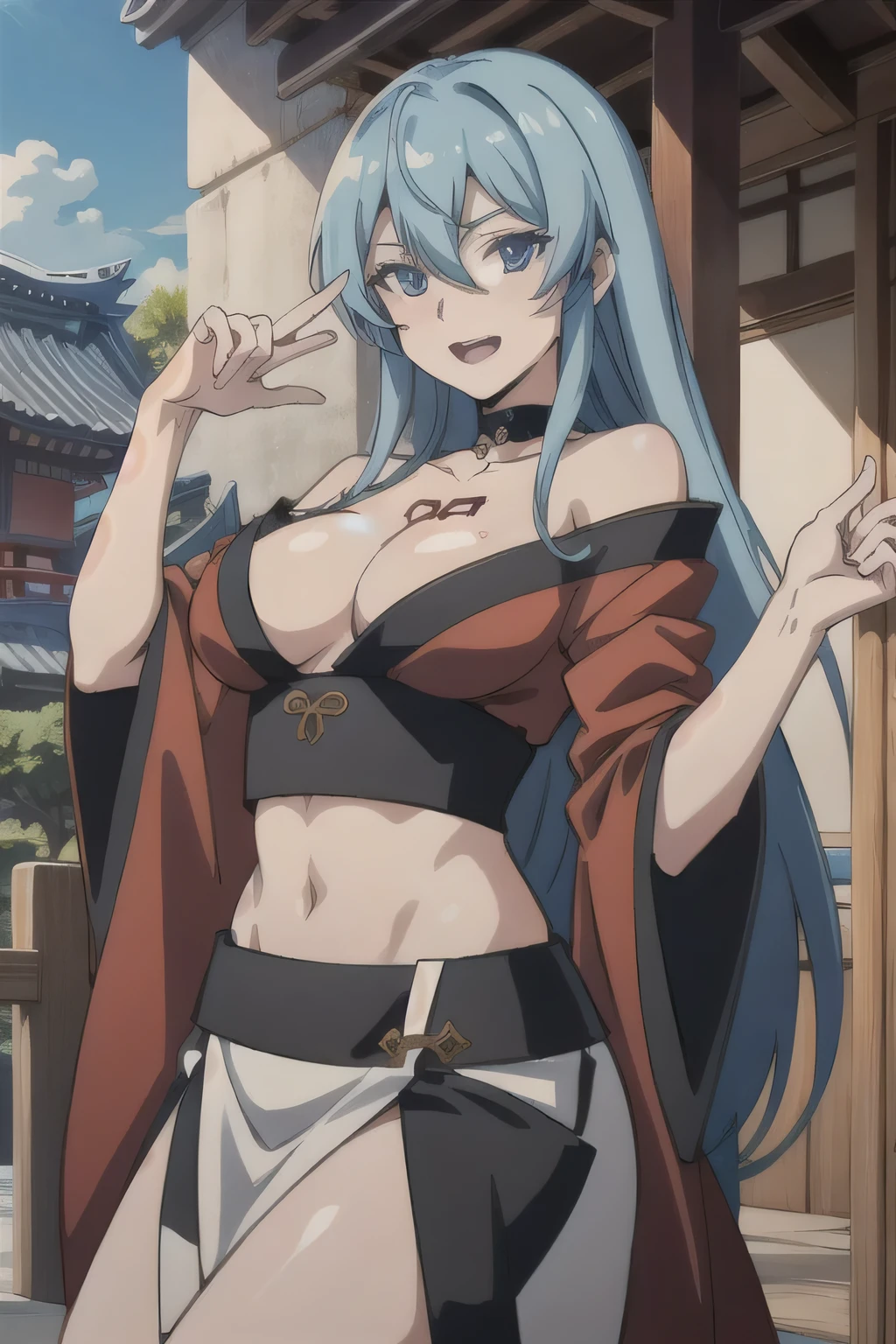 mature female, mature, adult, 
 Eft_akame_esdeath, 1girl,  blue eyes, blue hair, long hair,  large breasts,  tattoo, very long hair, chest tattoo, choker, hair between eyes, masterpiece, best quality, highly detailed, a anime girls in kimono dress with a sword posing for a
picture, bare shoulder,open kimono, evil smile, open mouth, crop top , (nsfw) not safe for work, smile,
ecchi anime style, anime girls, ecchi style, ecchi, digital anime art!!, in anime style, official artwork, visual
novel cg, beautiful anime girl, anime style 4 k, kimono pencil skirt, exposed belly, exposed navel,
exposed midriff, exposed lower belly, outdoor, japanese architecture, temple,