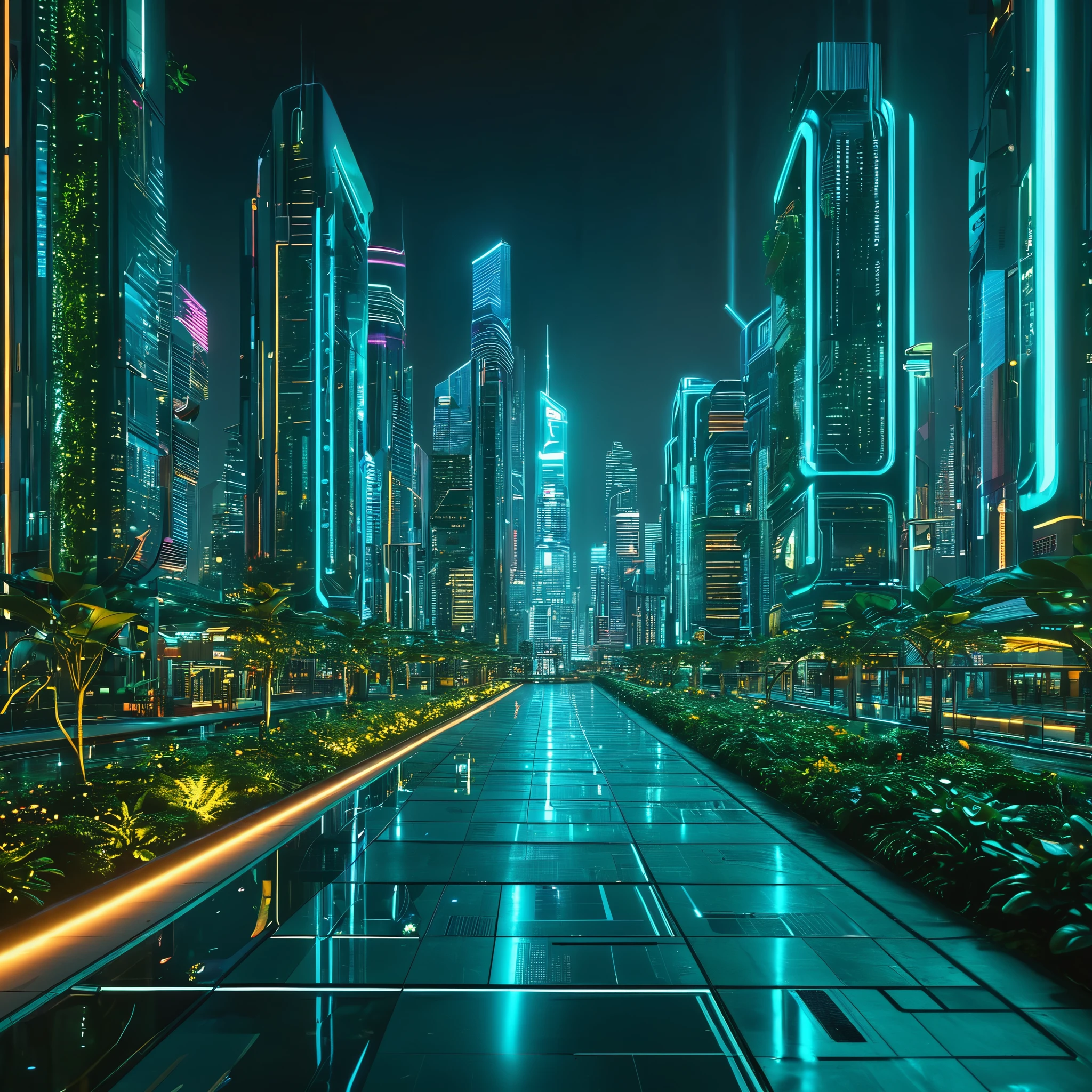 (best quality,4k,8k,highres,masterpiece:1.2),ultra-detailed,(realistic,photorealistic,photo-realistic:1.37),futuristic cityscape,holographic neon lights,illuminating sky,reflections, glass skyscrapers, circuitboard,shining pathways,hovering drones,floating gardens,towering buildings,glowing transportation system,technological advancement,futuristic vehicles,flying cars,high-tech gadgets,modern architecture,sleek designs,vibrant colors,laser projections,interconnected networks,futuristic fashion,advanced AI,urban metropolis,techno music pulsating,exhilarating atmosphere,dynamic energy,futuristic skyline,innovative technology,international hub,bustling streets,urban infrastructure,metropolitan lifestyle,hustle and bustle,energy-efficient buildings,smart city concept,green spaces,eco-friendly technology,seamless connectivity,diverse culture,cosmopolitan ambiance,nighttime ambience,blinking lights,endless possibilities,creative hub,inspiring environment.